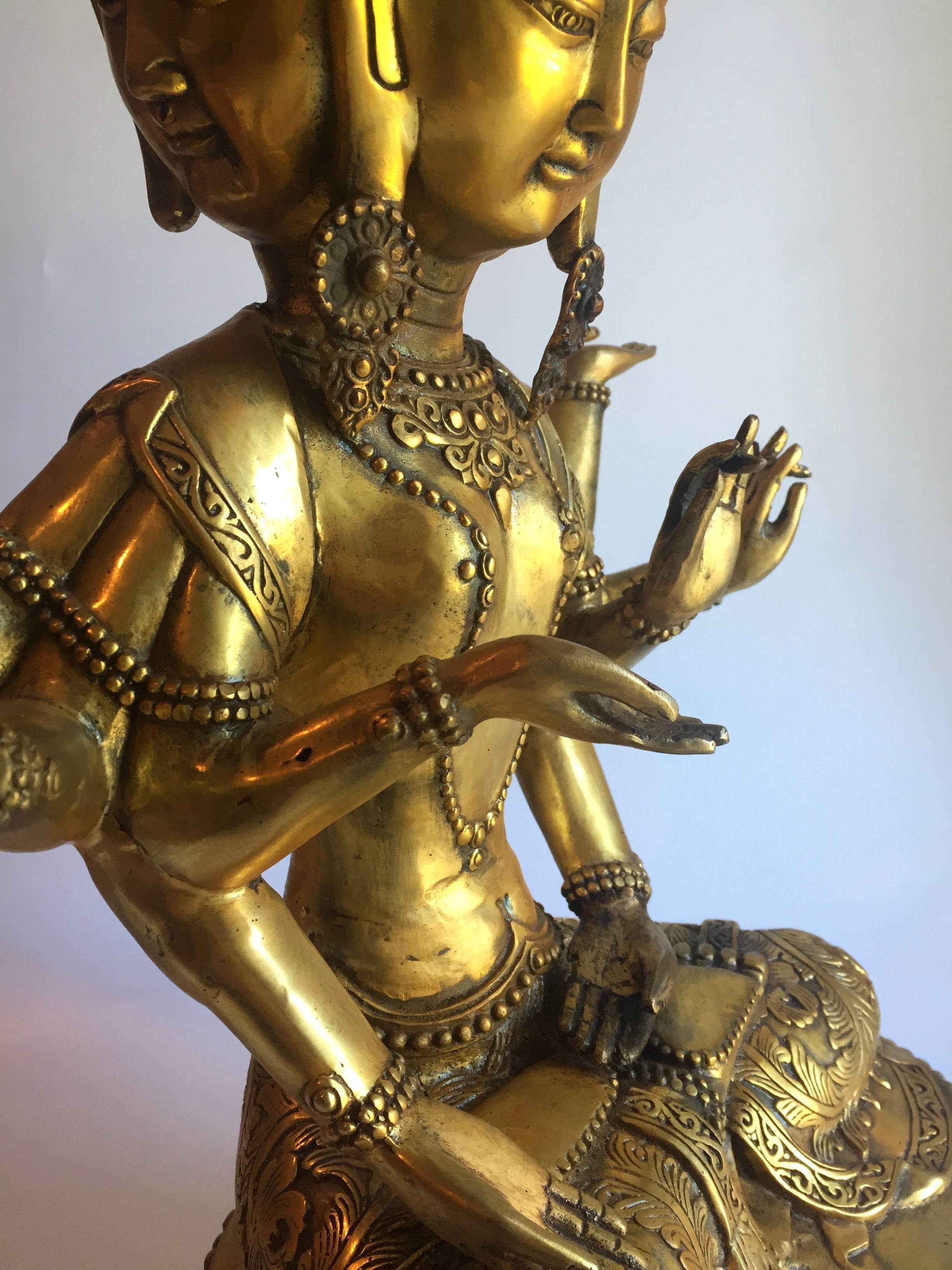 Large Multi-Armed Brass Tibetan Buddha, Tara For Sale 2