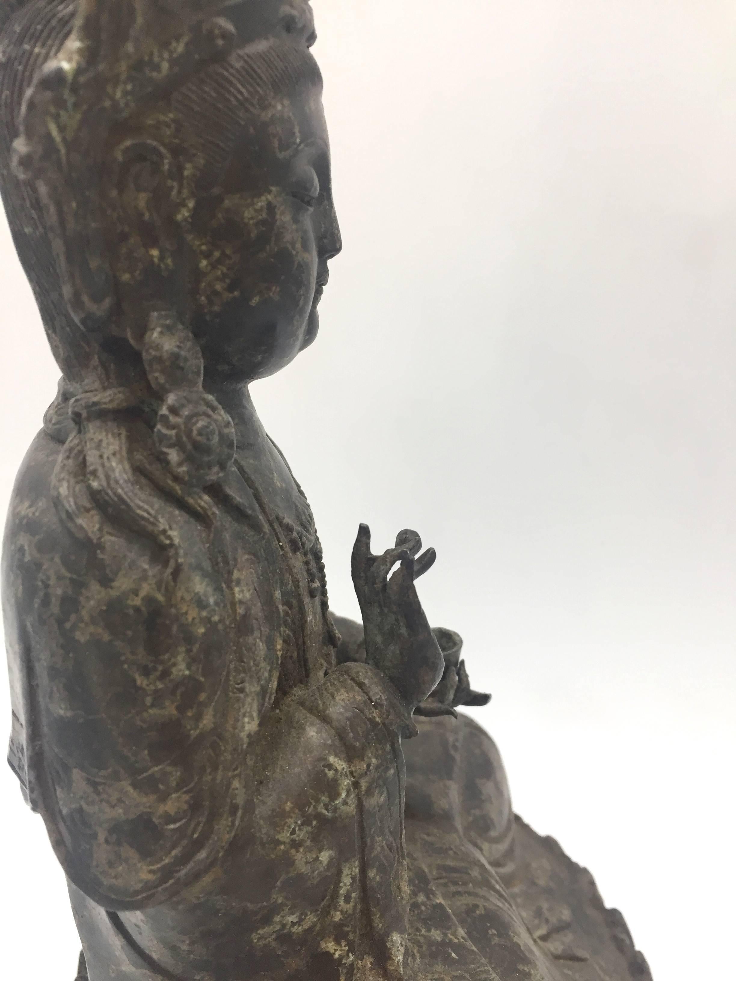 19th Century Antique Bronze Buddha Statue on Lotus Seat For Sale