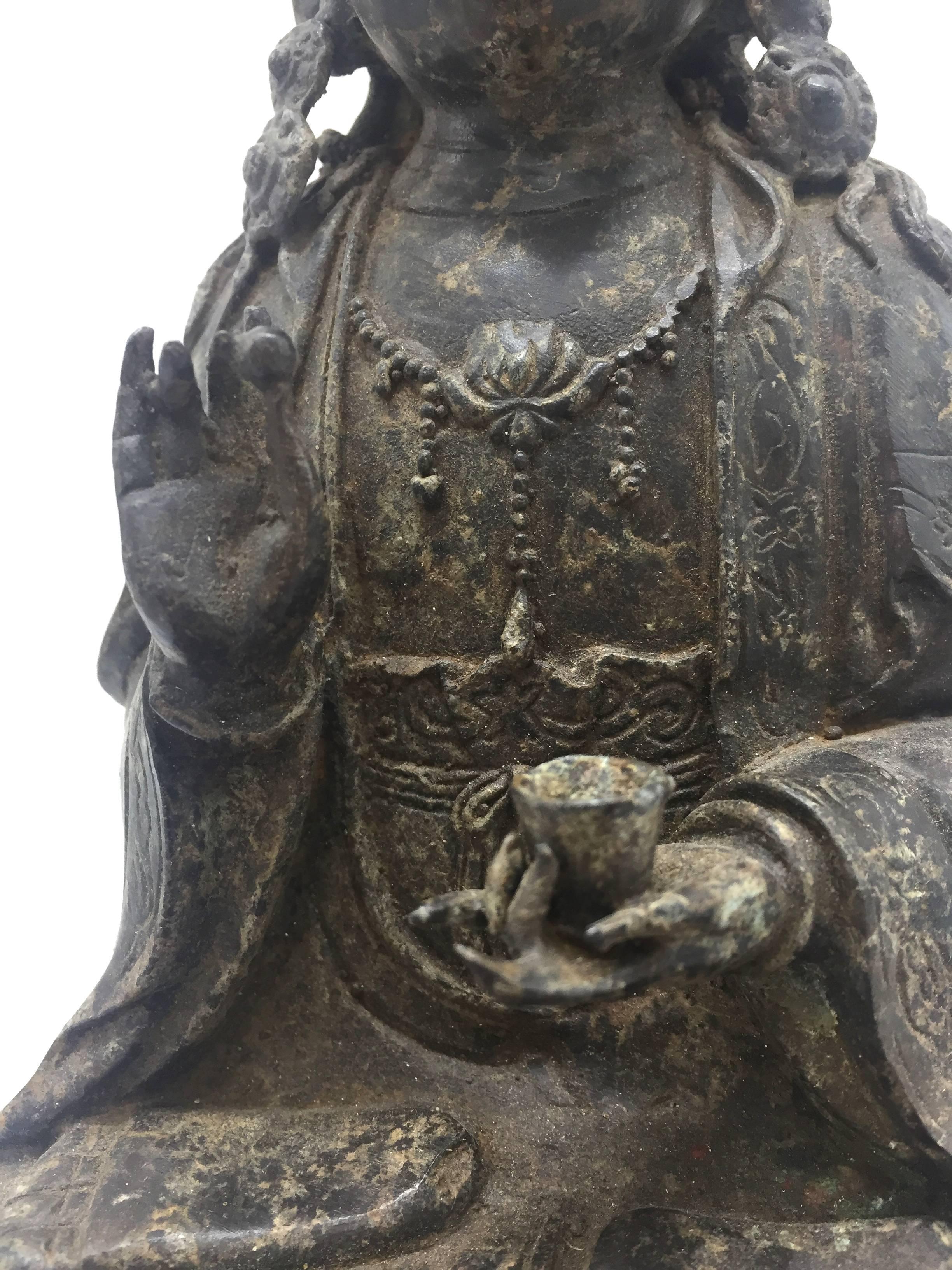 Antique Bronze Buddha Statue on Lotus Seat For Sale 2