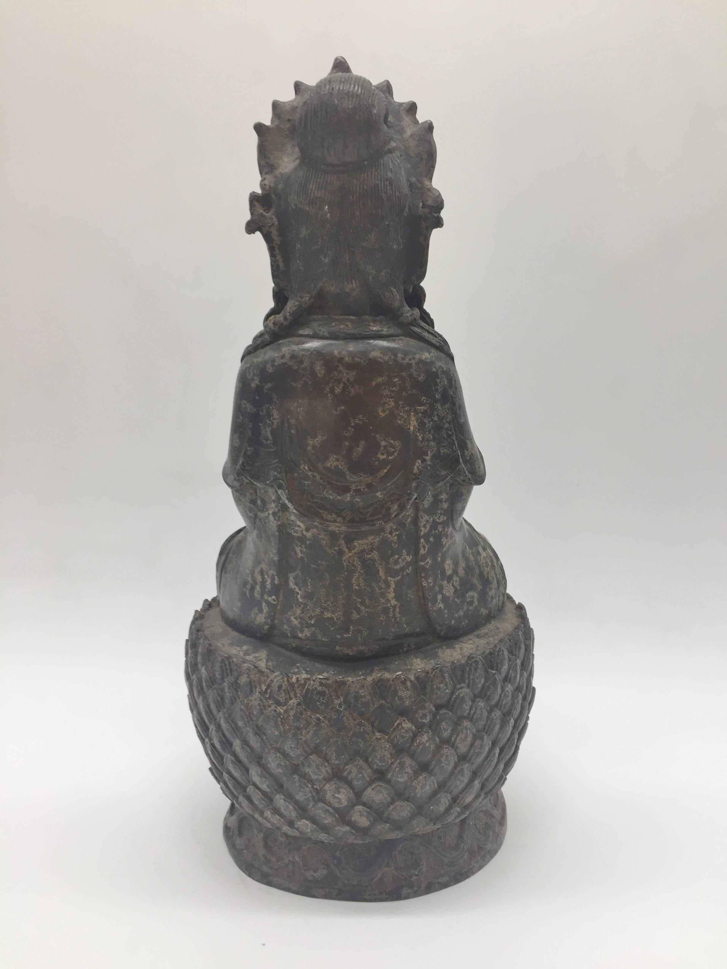 Antique Bronze Buddha Statue on Lotus Seat For Sale 5