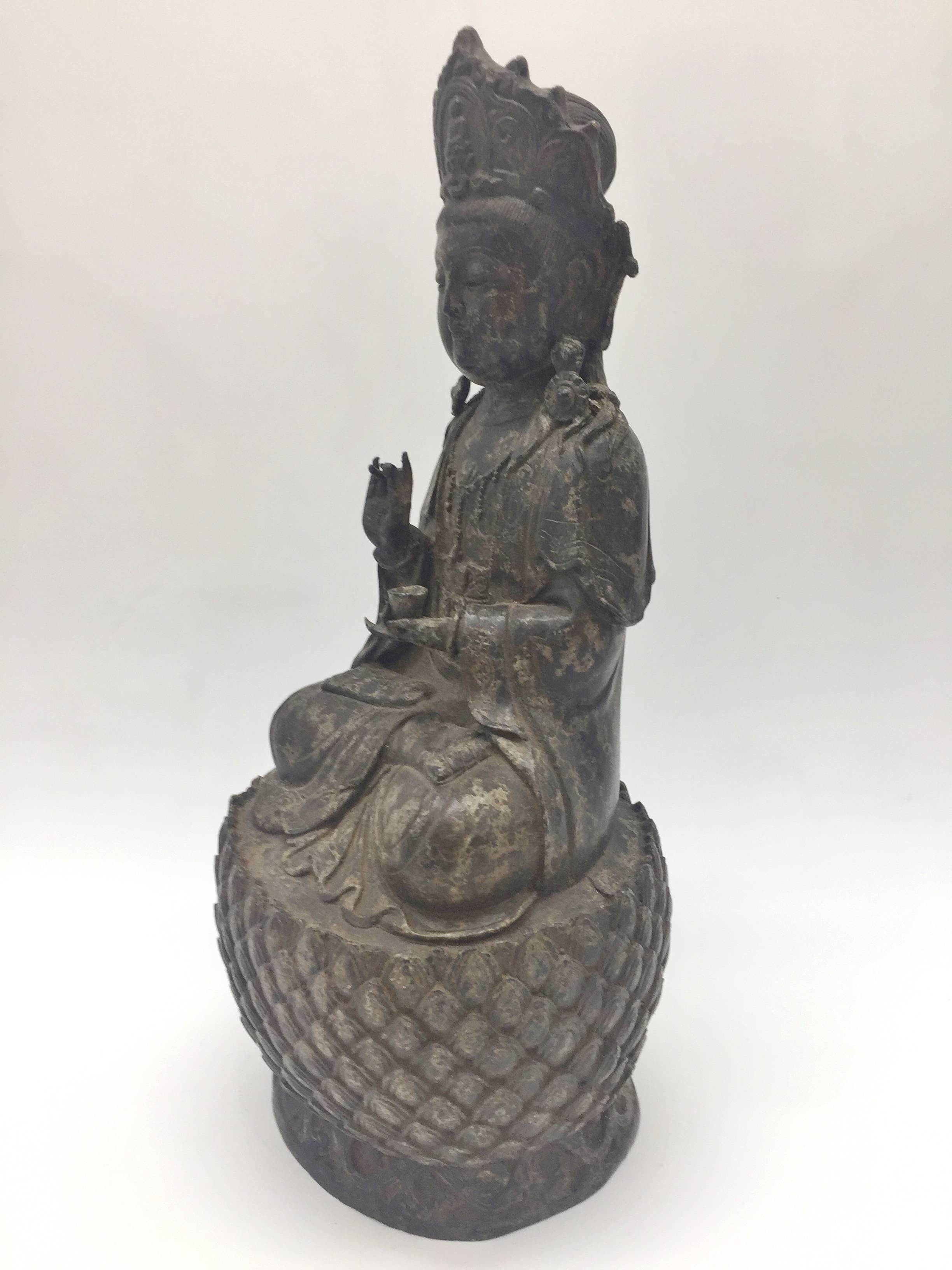 Antique Bronze Buddha Statue on Lotus Seat For Sale 3