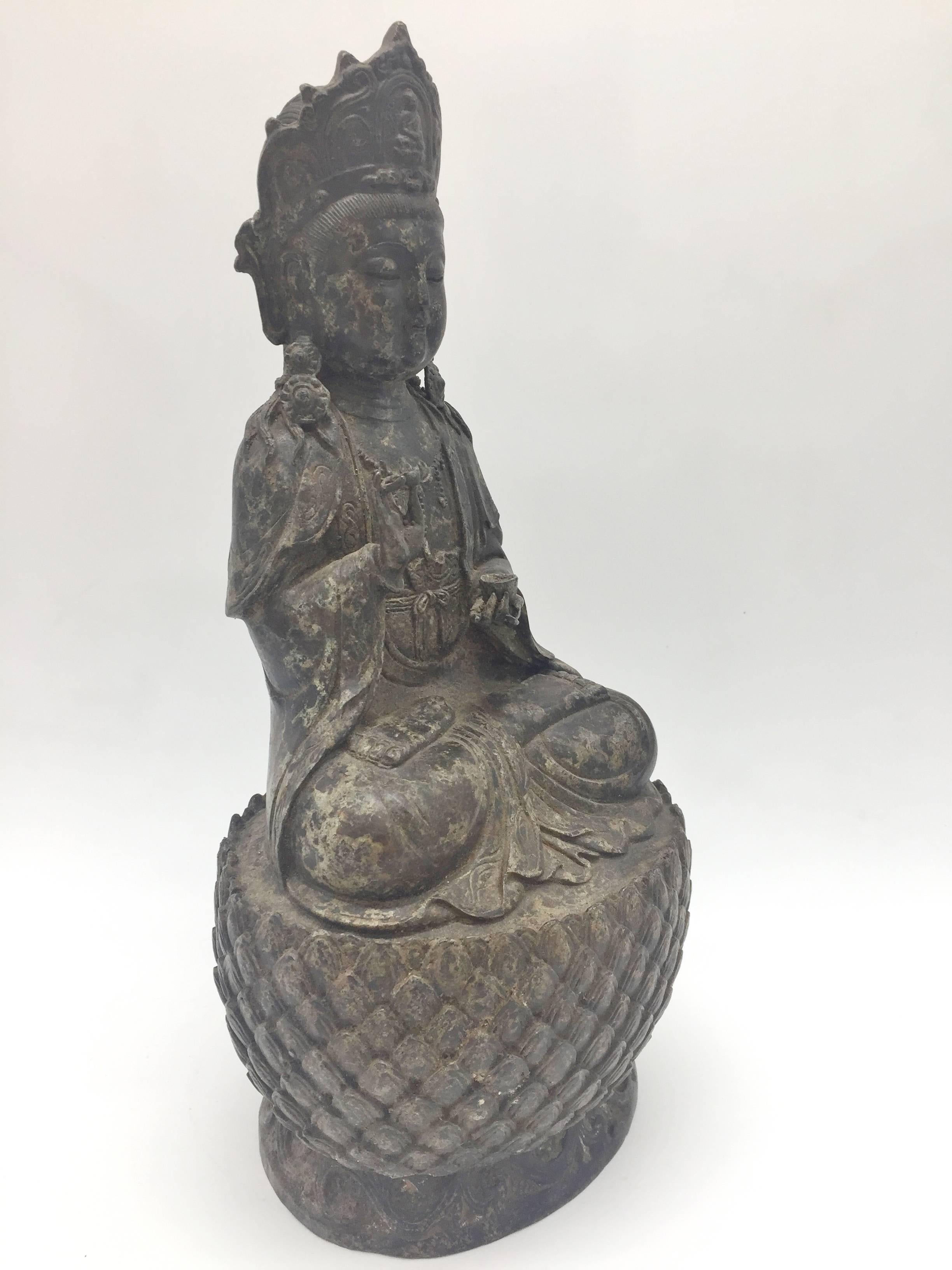 Antique Bronze Buddha Statue on Lotus Seat For Sale 4