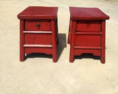 Pair of Red Lacquer Antique Chinese Stools