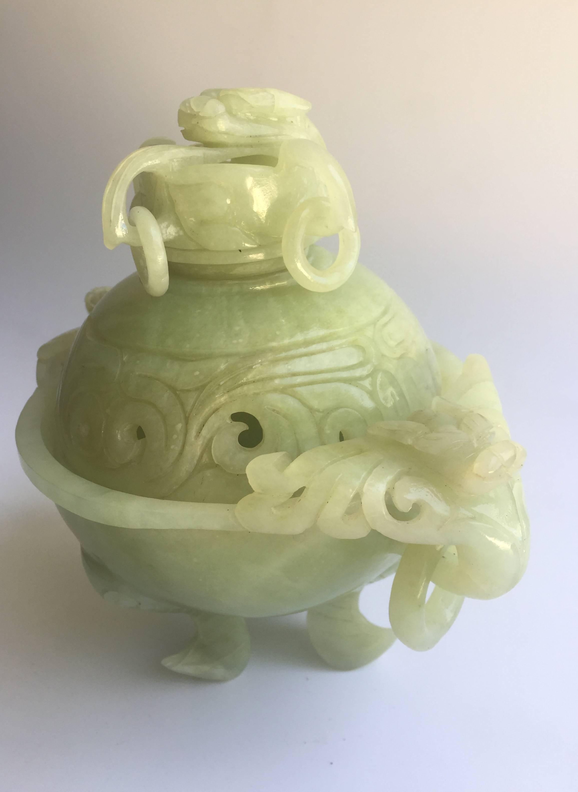 Hand-Carved Natural Green Stone Incense Burner, Three Footed For Sale