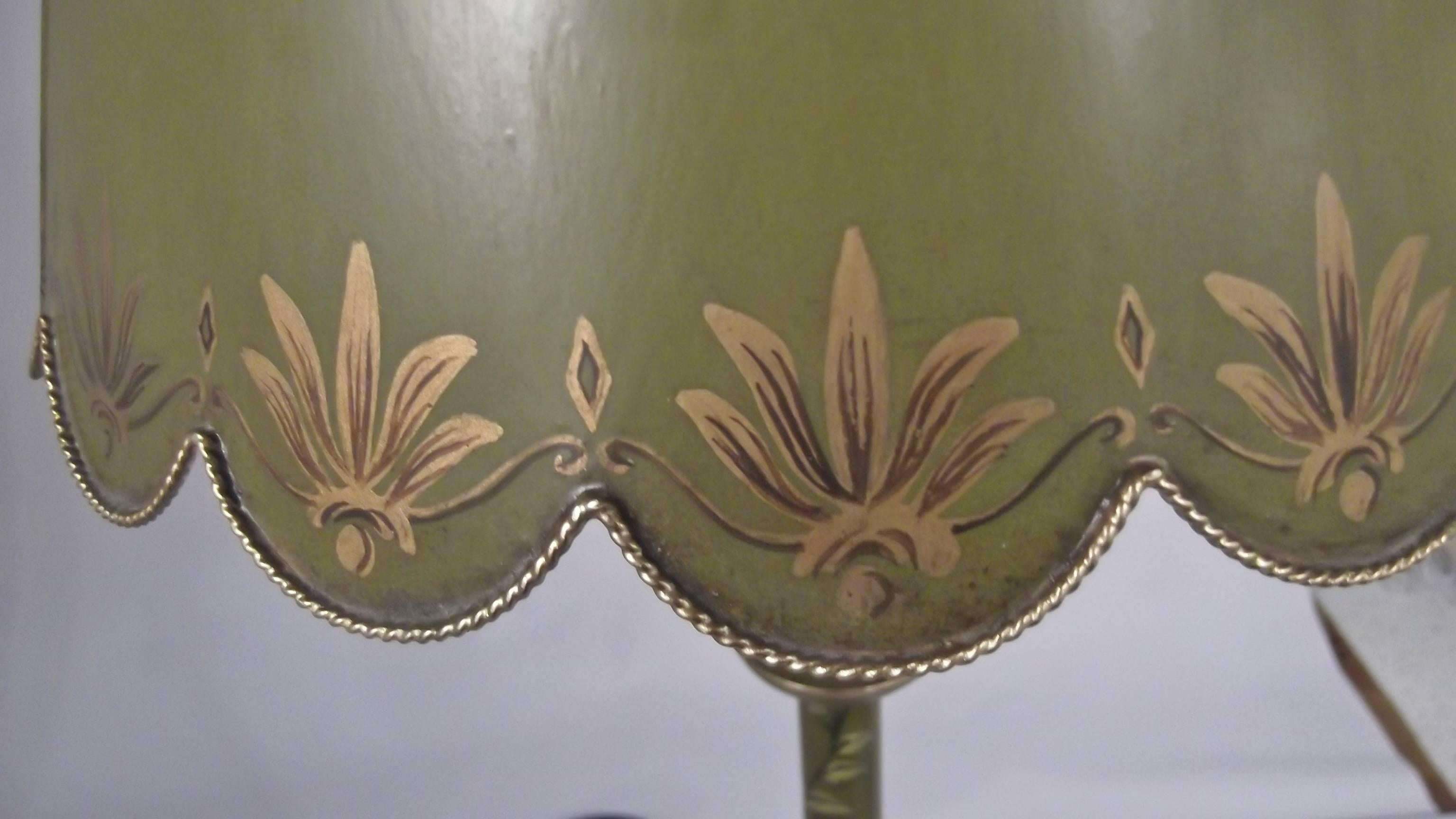 Hand-Painted Pair of Tole and Wood Buffet Lamps