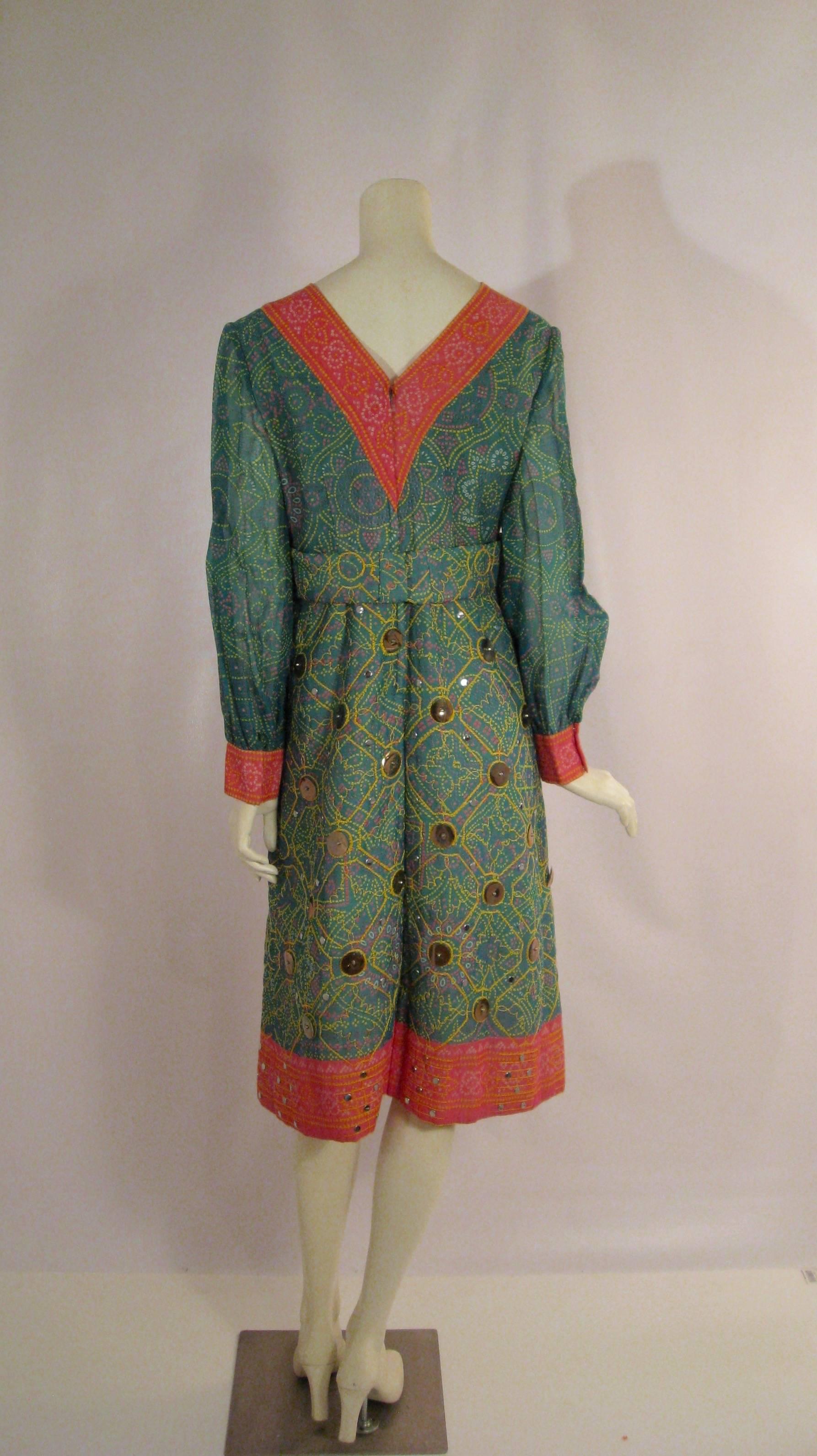 Oscar de la Renta Attributed 1970s Ethnic Print Dress with Embroidery Paillettes 3