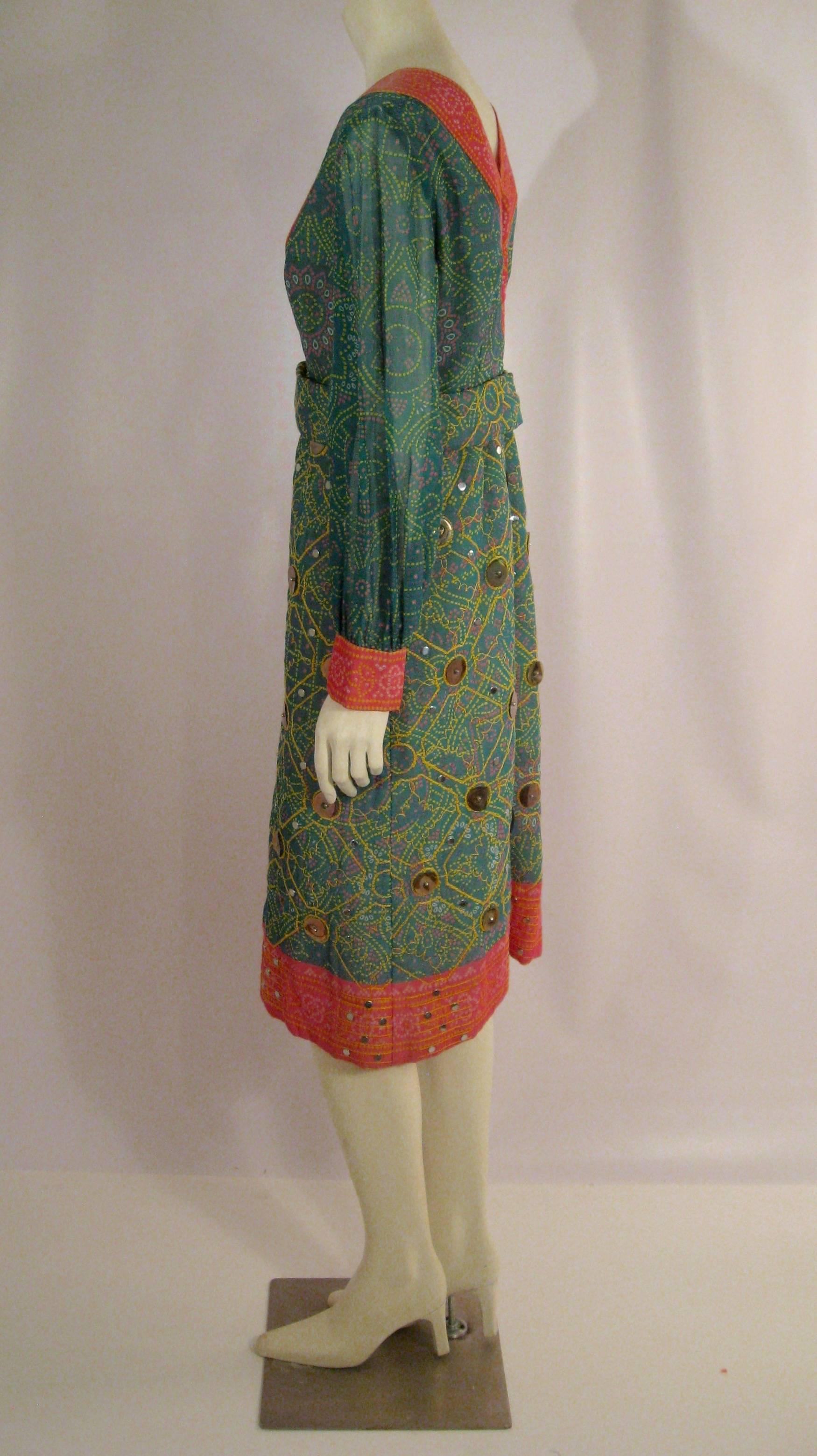 Oscar de la Renta Attributed 1970s Ethnic Print Dress with Embroidery Paillettes 2
