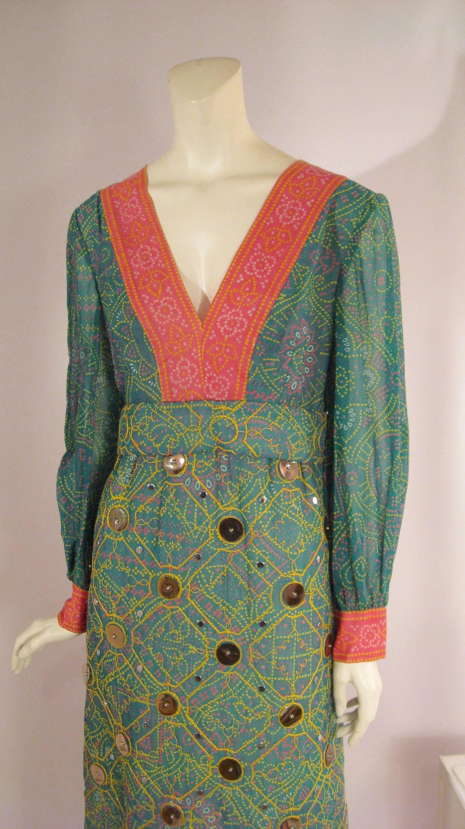 American Oscar de la Renta Attributed 1970s Ethnic Print Dress with Embroidery Paillettes