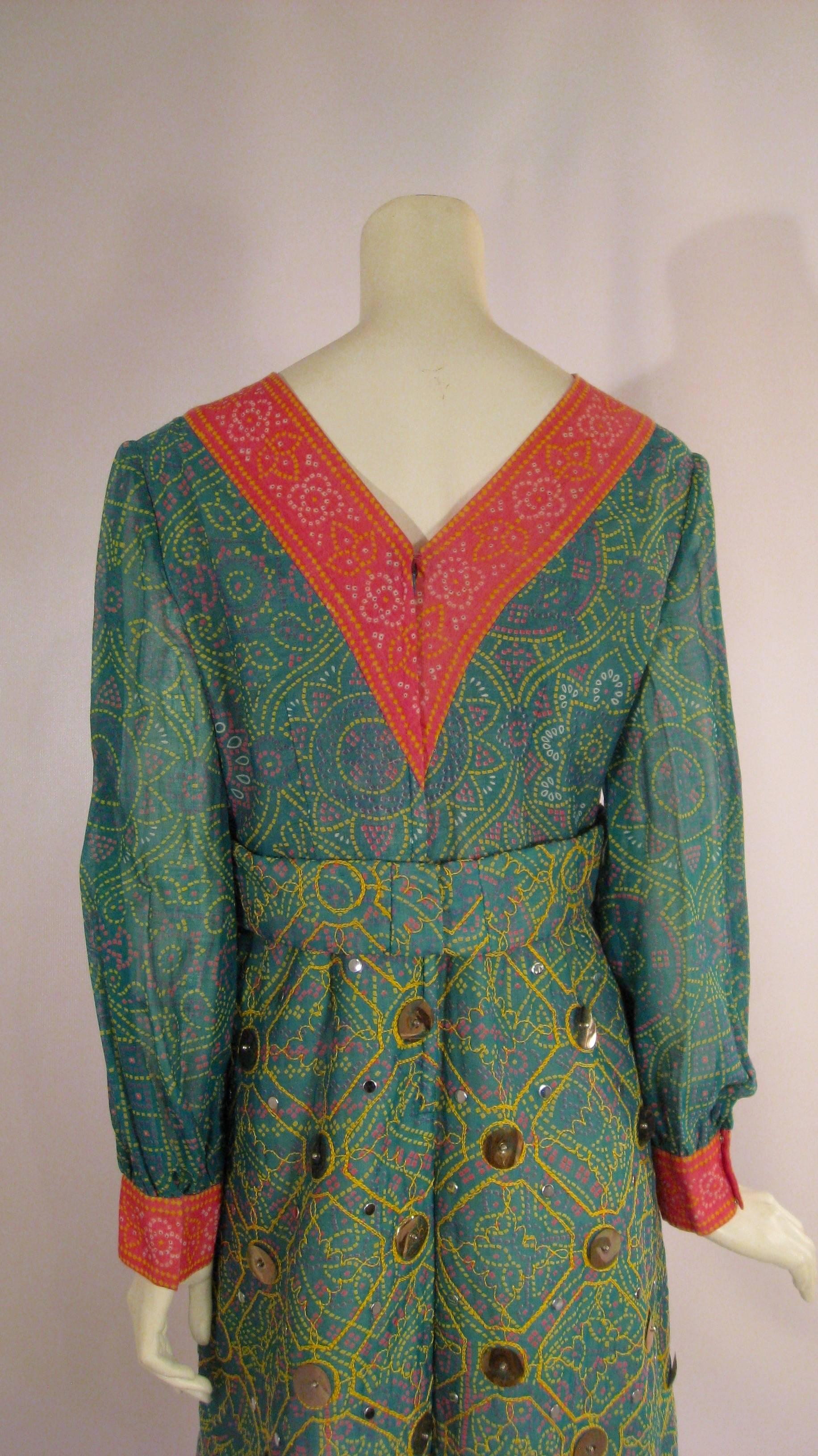 Oscar de la Renta Attributed 1970s Ethnic Print Dress with Embroidery Paillettes 4