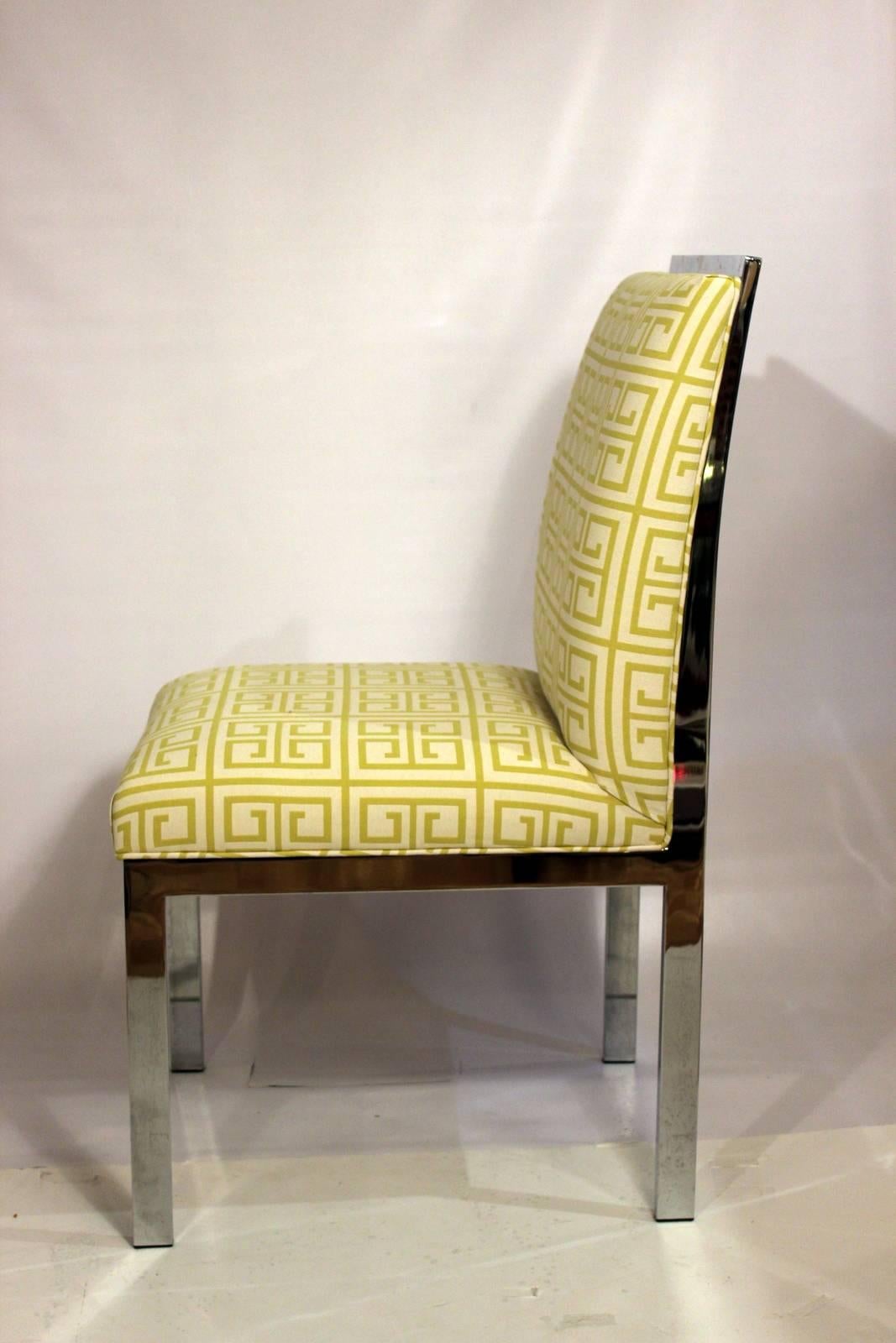 Pair of Mid-Century Chrome Chairs New Upholstered Citron Greek Key 2