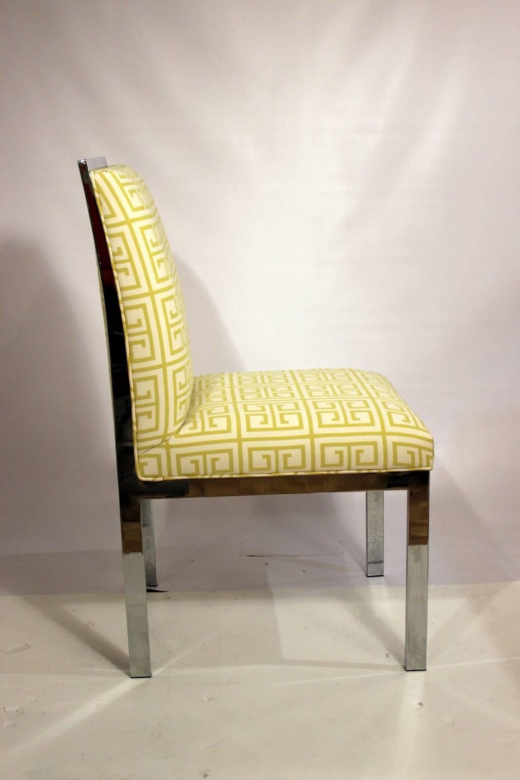 Pair of Mid-Century Chrome Chairs New Upholstered Citron Greek Key 1