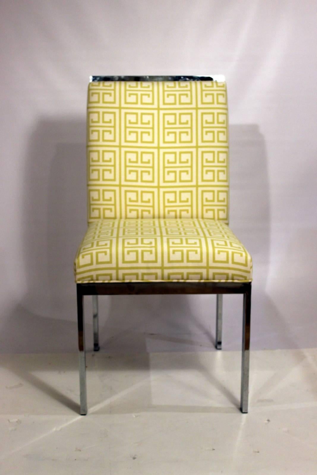 Pair of Mid-Century Chrome Chairs New Upholstered Citron Greek Key In Excellent Condition In Lambertville, NJ