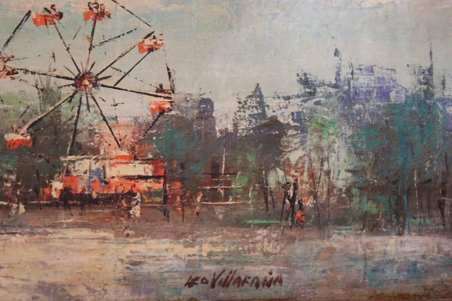 Oil Painting of a Carnival Roller Coaster and Ferris Wheel Amusement