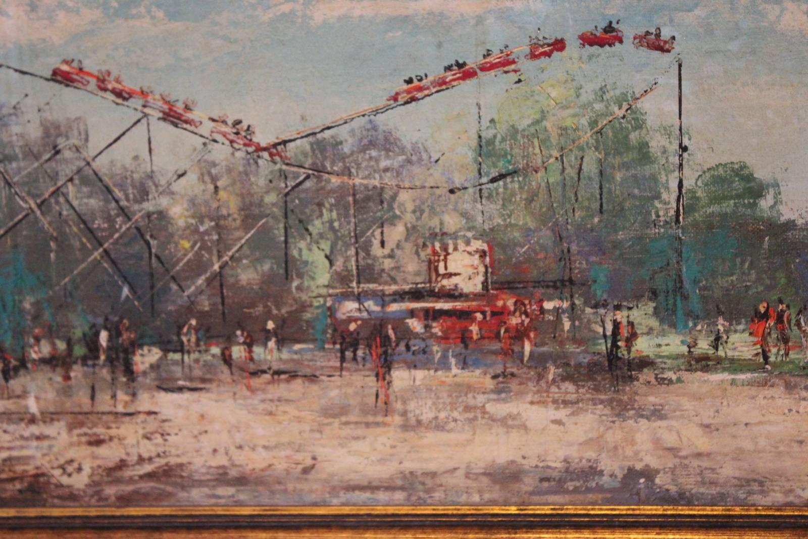 Oil Painting of a Carnival Roller Coaster and Ferris Wheel Amusement Park In Excellent Condition In Lambertville, NJ