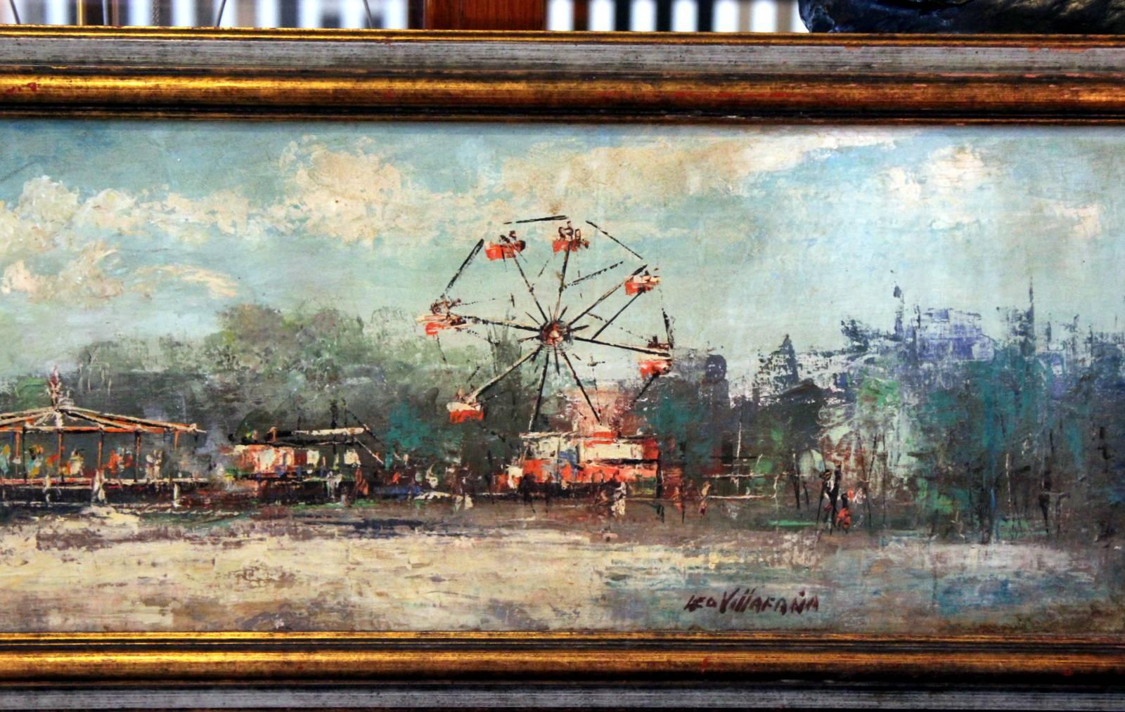 American Oil Painting of a Carnival Roller Coaster and Ferris Wheel Amusement Park