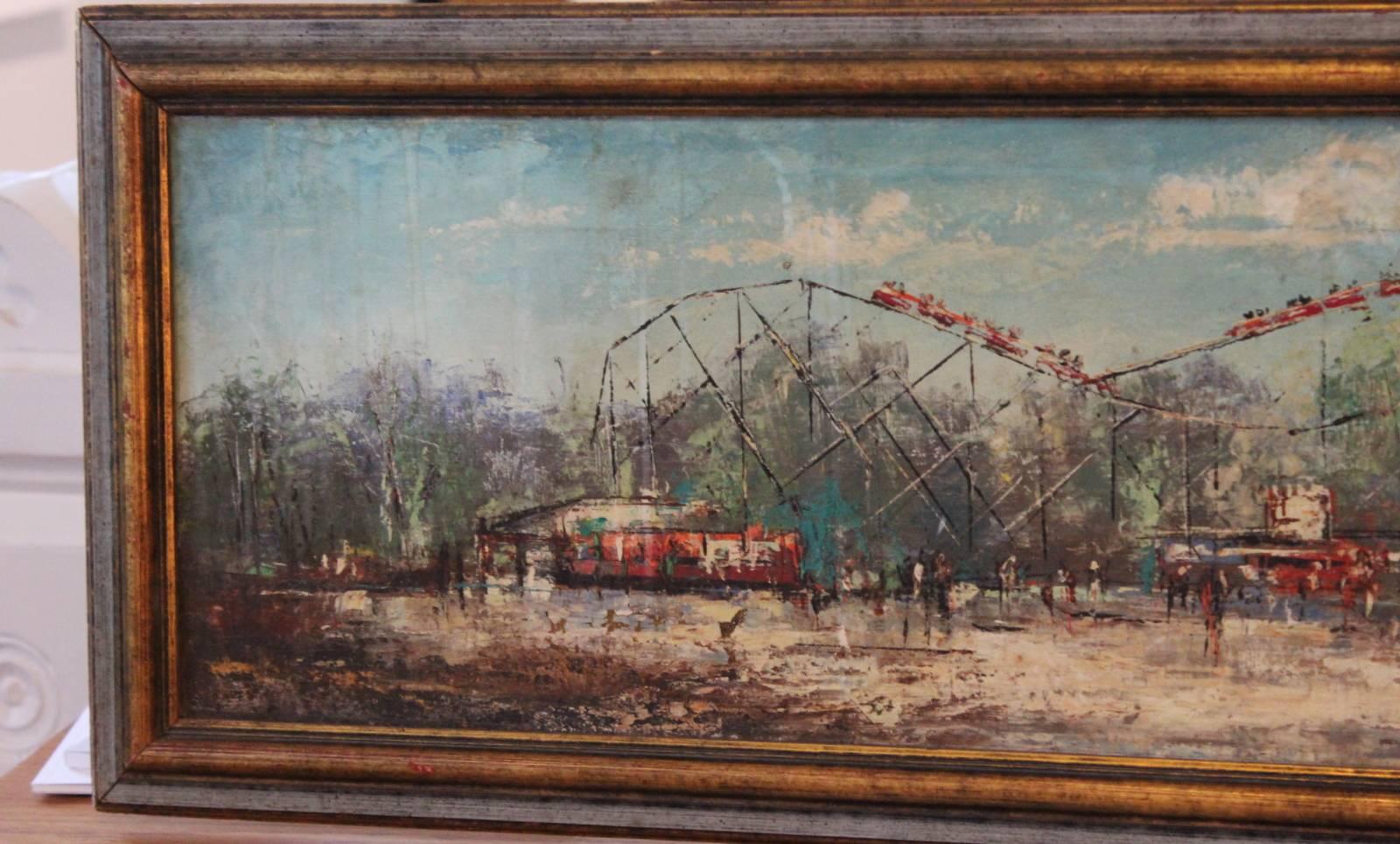 Mid-20th Century Oil Painting of a Carnival Roller Coaster and Ferris Wheel Amusement Park