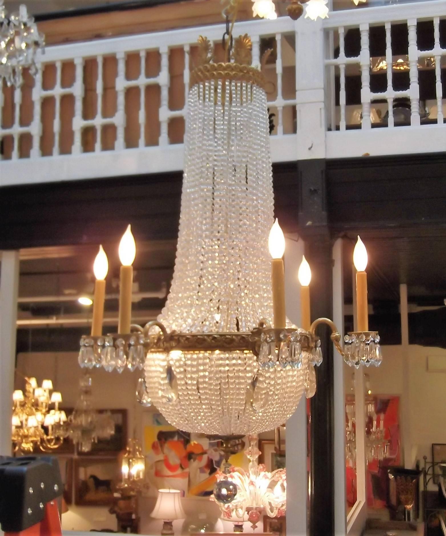 Louis XVI Style Gilt Bronze and Beaded Chandelier In Excellent Condition In Lambertville, NJ