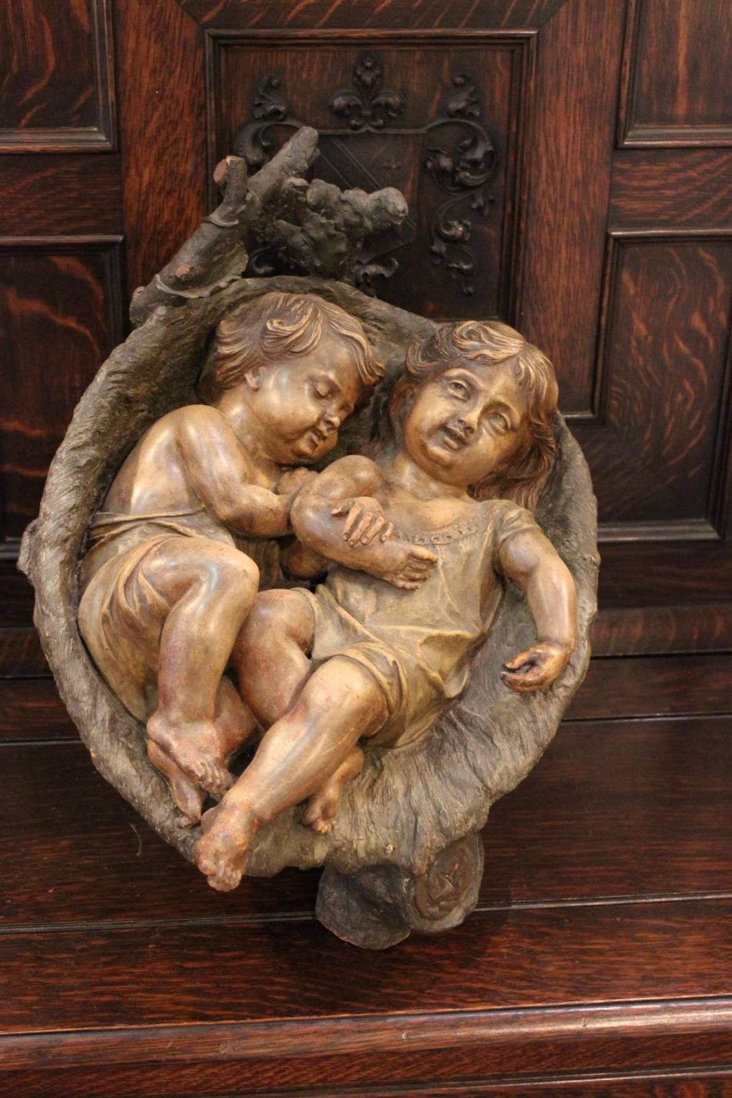 19th Century Austrian Terracotta Sculpture of Infants in Basket