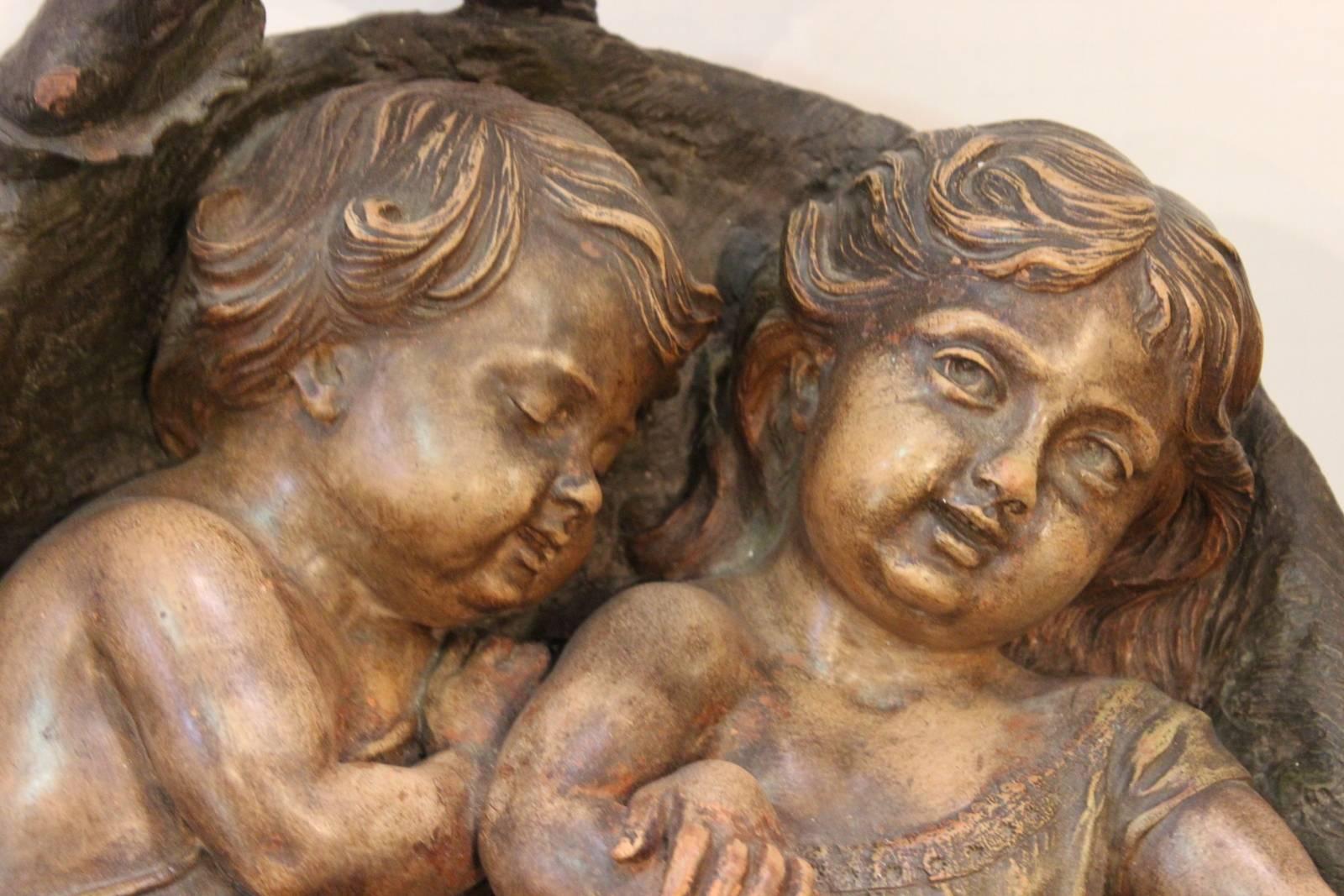 Austrian Terracotta Sculpture of Infants in Basket In Good Condition In Lambertville, NJ