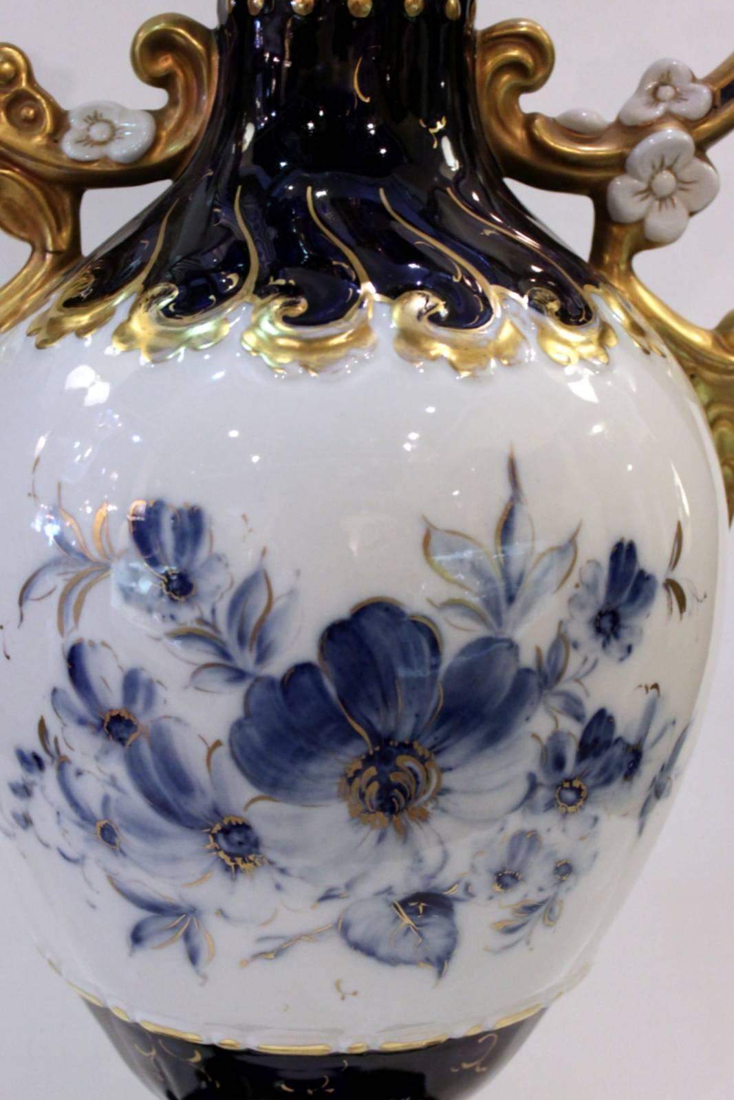 Porcelain Pair of Royal Dux Hand-Painted Cobalt and Gilt Mantle Urns
