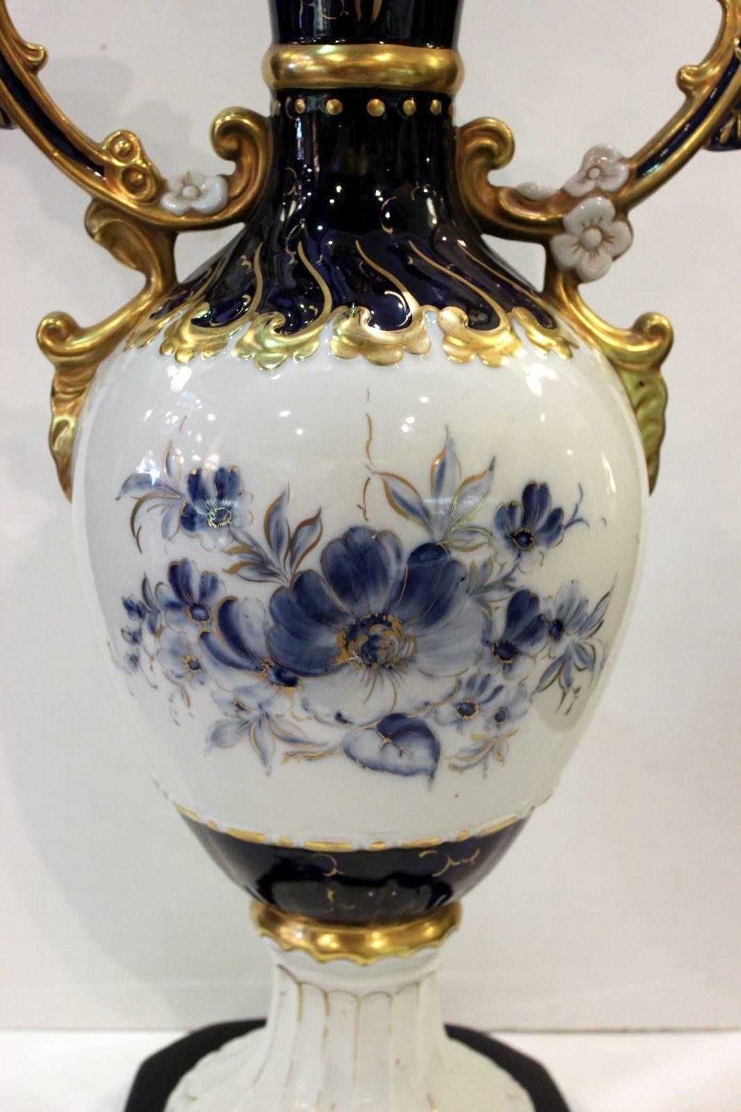 Pair of Royal Dux Hand-Painted Cobalt and Gilt Mantle Urns 1