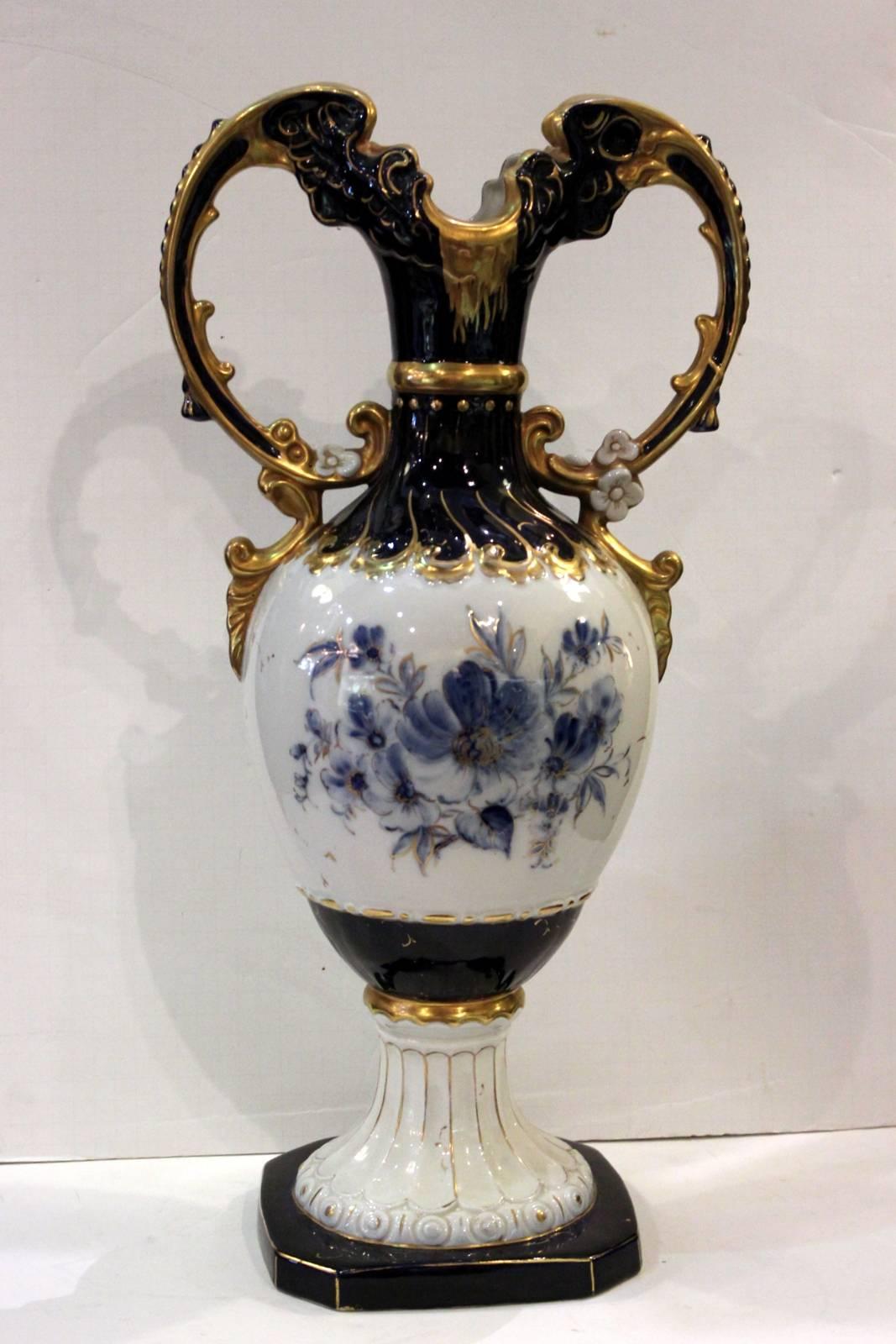 German Pair of Royal Dux Hand-Painted Cobalt and Gilt Mantle Urns