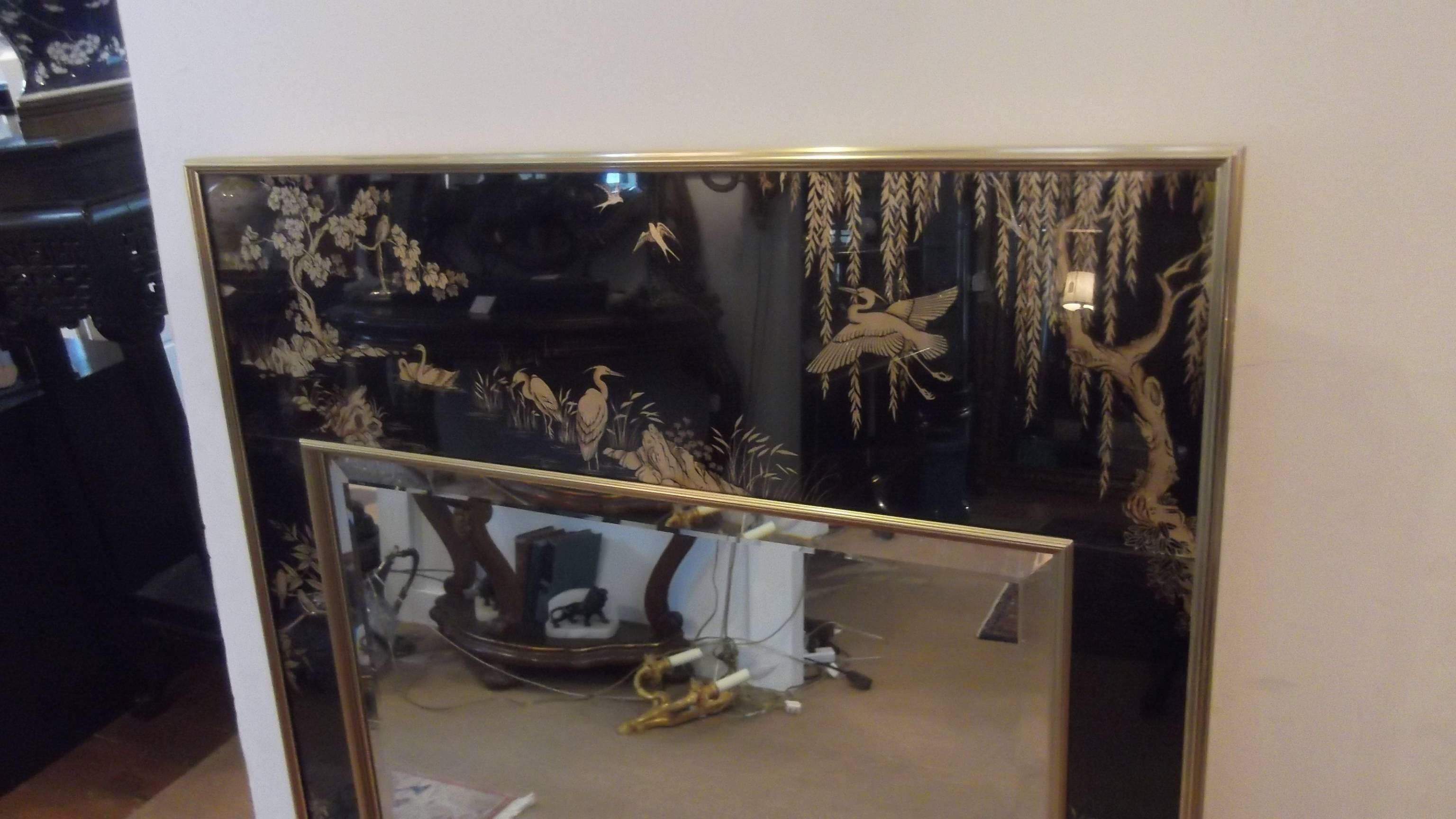 American La Barge Eglomise Chinoiserie Mirror with Rare Black Background