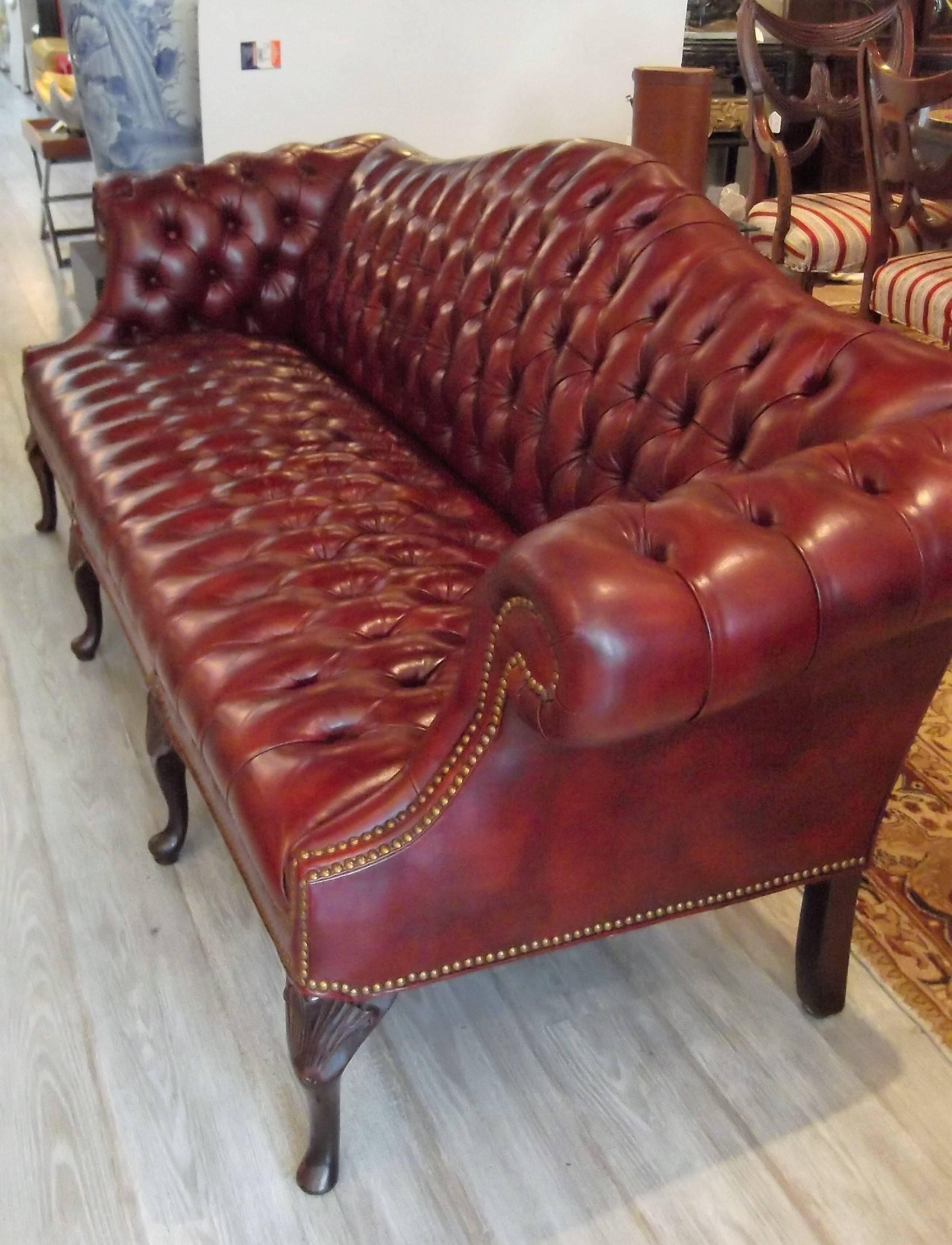 A camelback biscuit tufted cordovan leather sofa with carved mahogany Queen Anne legs. Brass nail head trim with rich colored leather. The legs have a fan motif carved at the knees. The springs are eight-way hand tied hourglass coils with a kiln