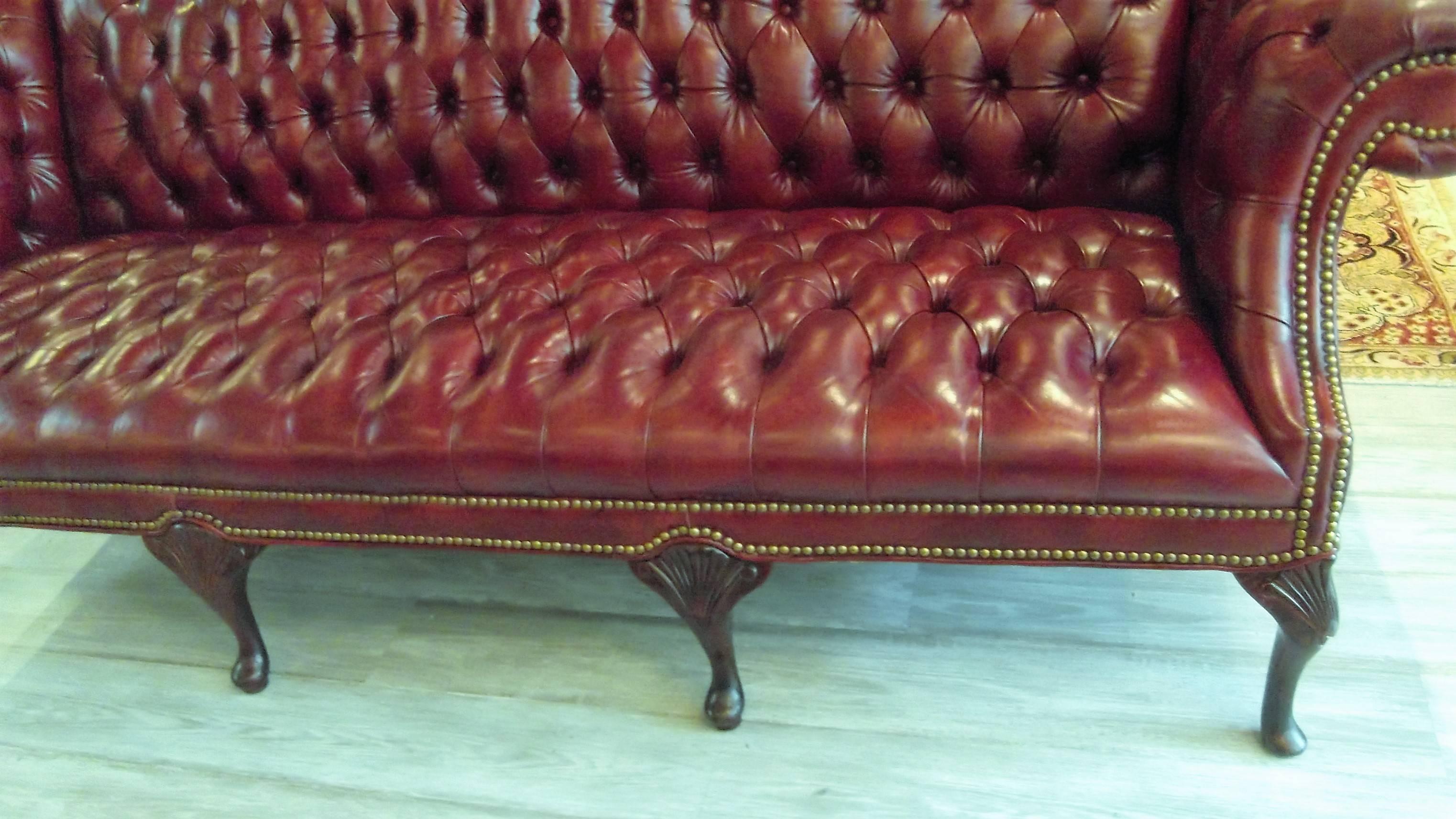 Chippendale Handsome Chesterfield Camelback Leather Sofa