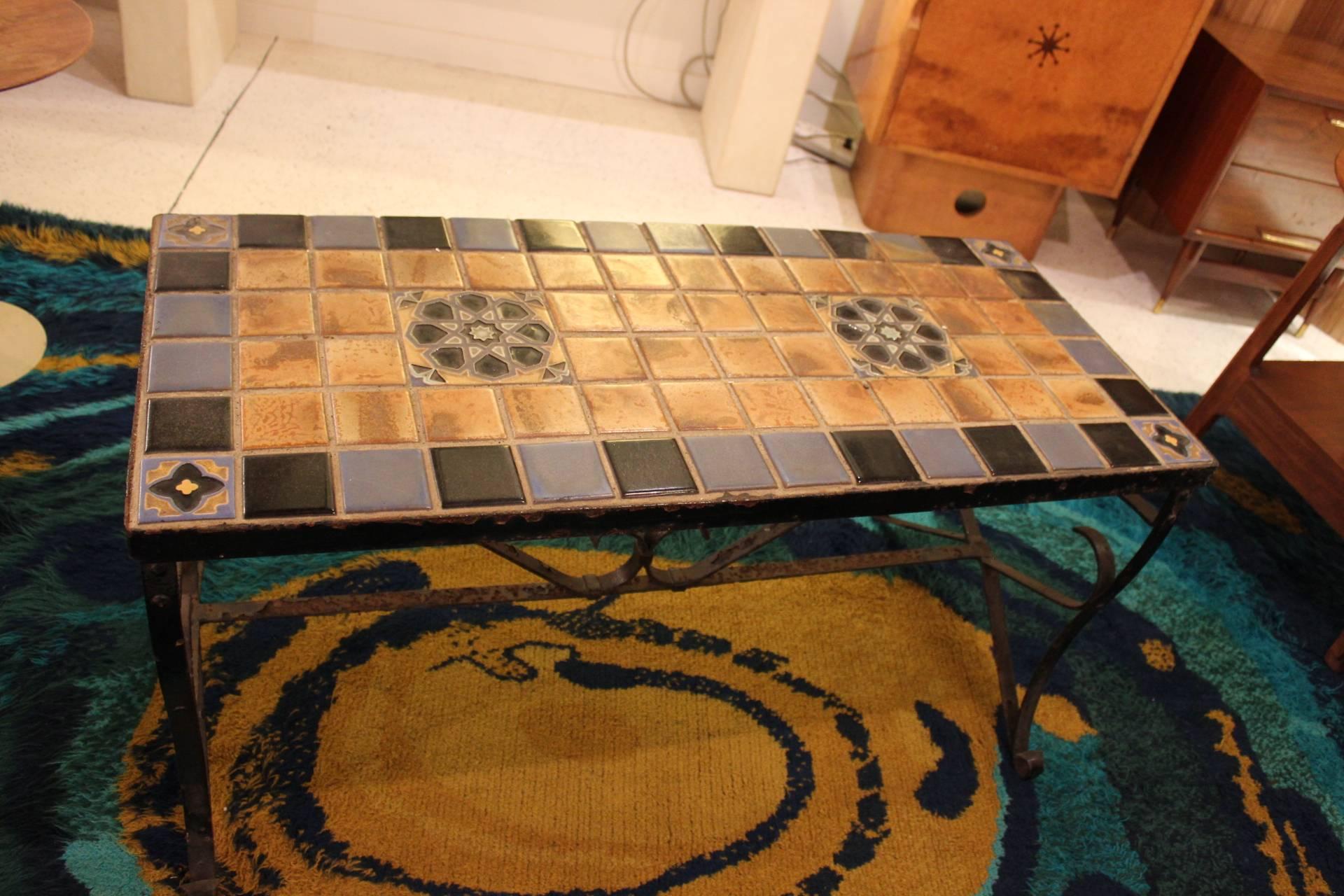 Mid-Century California Style Tile Top Iron Coffee Table In Excellent Condition In Lambertville, NJ