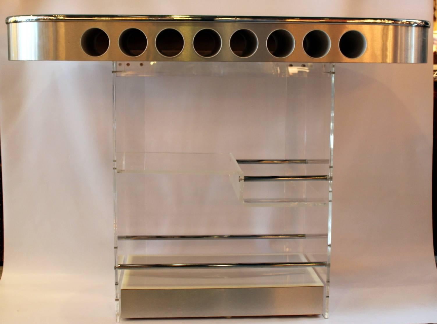 Lucite and Brushed Metal Illuminated Bar by Hills Mfg In Excellent Condition In Lambertville, NJ