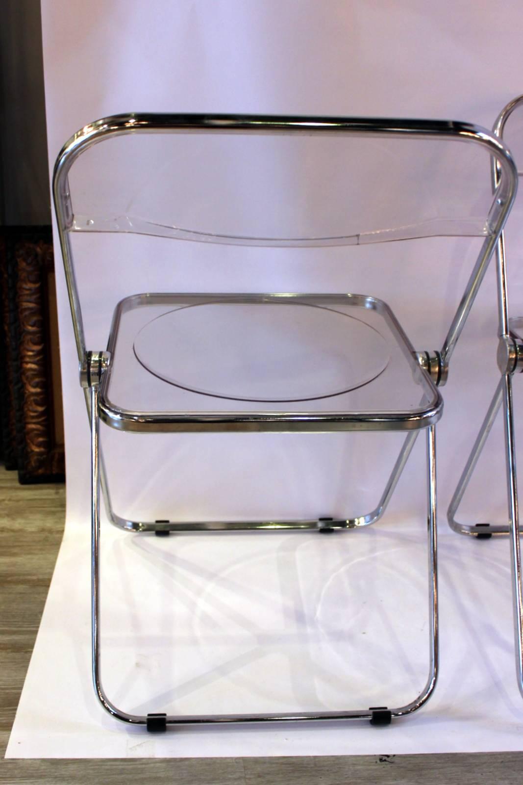 Set of Six Lucite and Chrome Italian Folding Chairs In Excellent Condition In Lambertville, NJ