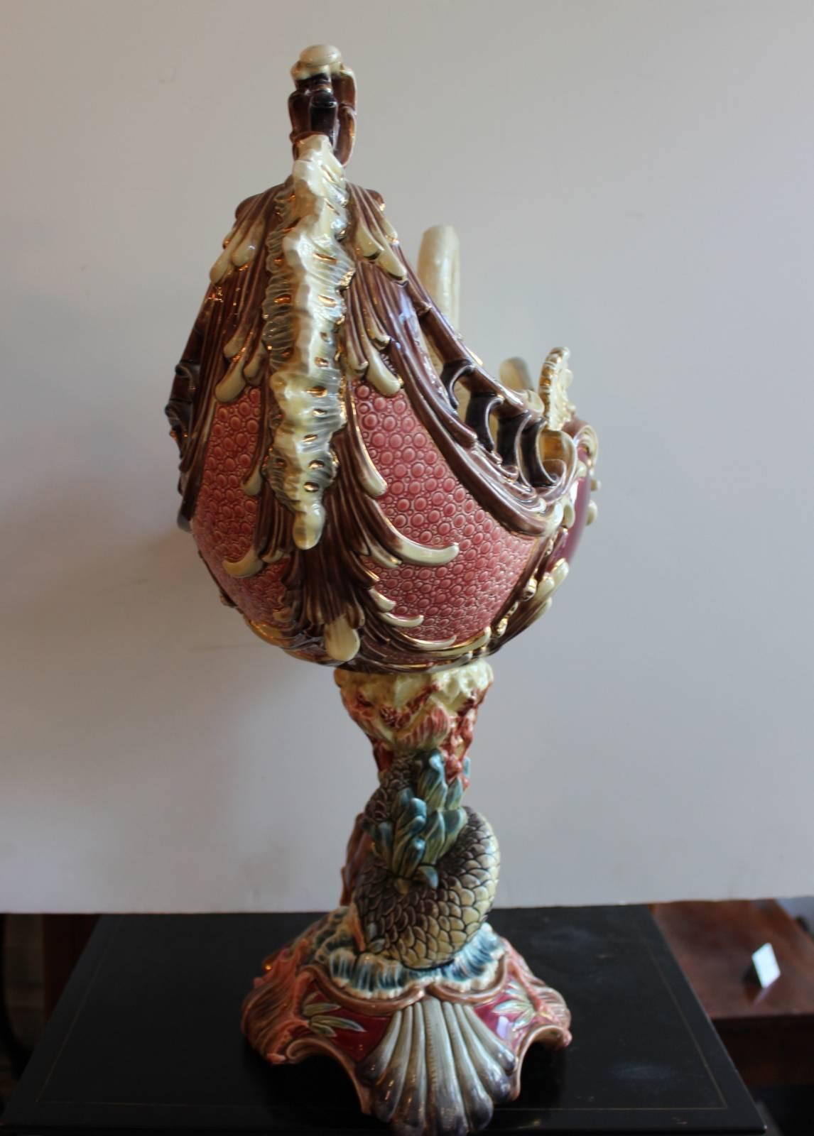Impressive Majolica Swan and Shell Form Austrian Centerpiece In Excellent Condition In Lambertville, NJ