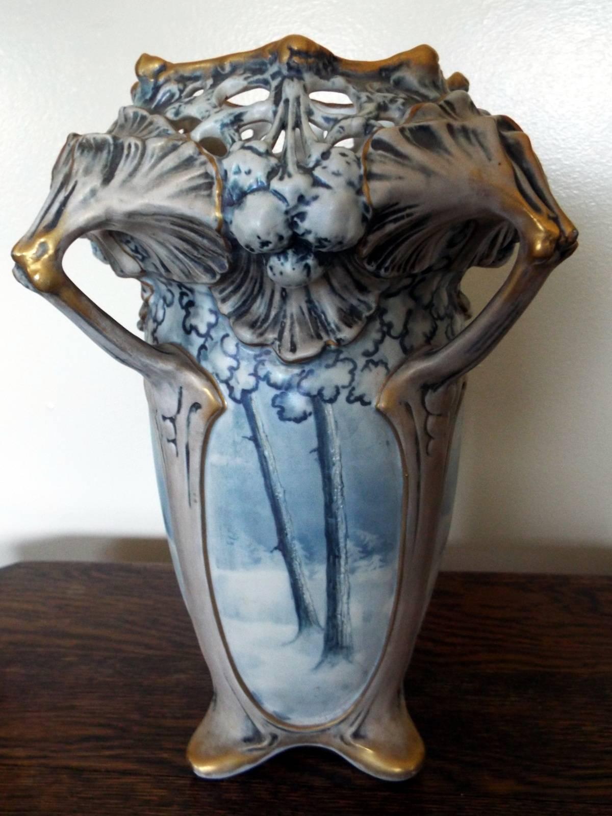 Hand-Painted Amphora Winter Snow Art Nouveau Vase by Ernst Wahliss