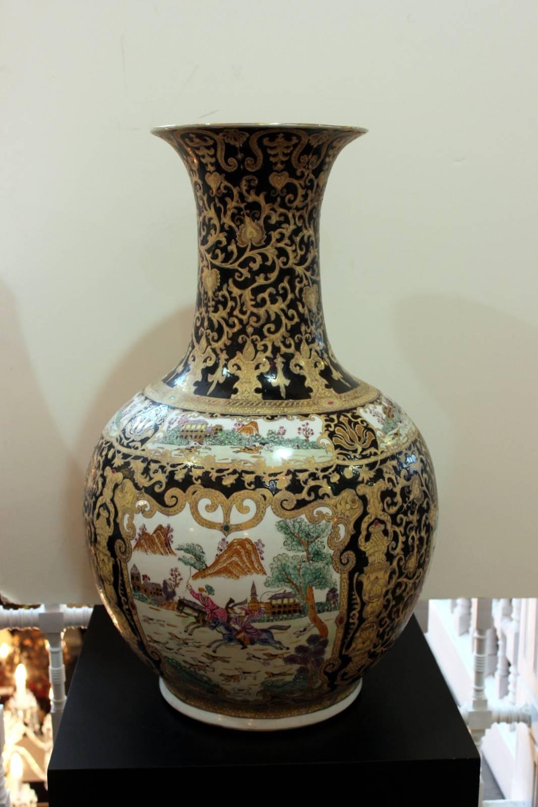 Large and impressive pair of Chinese porcelain hand-painted export vases.
These are later 20th century examples of highly prized 18th and 19th century Chinese export used to decorate all of the finest European and American homes.

 