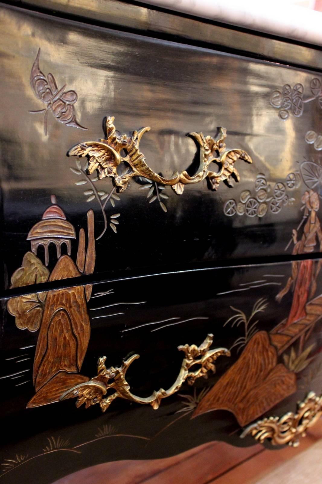 Louis XV Chinoiserie Lacquered Bombe Chest with Marble Top