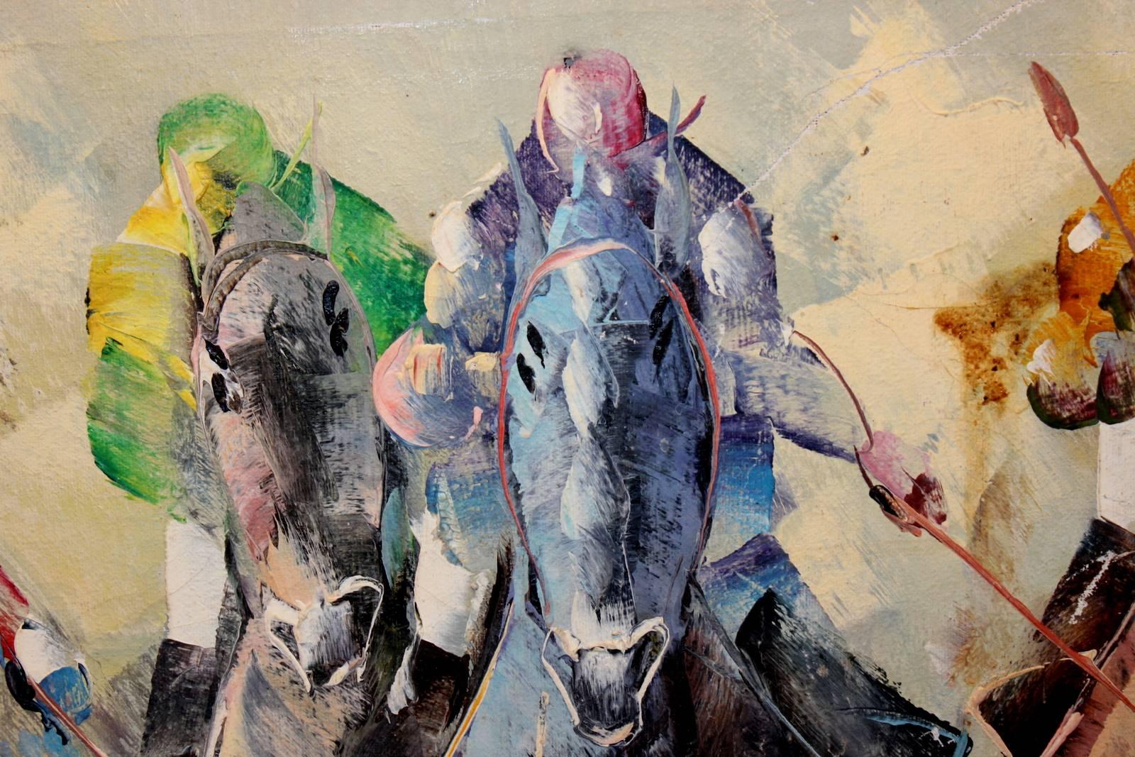 Cette peinture vivante à l'huile sur toile capture l'excitation d'une journée à l'hippodrome. L'artiste anonyme a capturé l'énergie et l'athlétisme des chevaux à l'aide de coups de pinceau assurés:: dignes d'un peintre. Mesures : 42 x 31.
