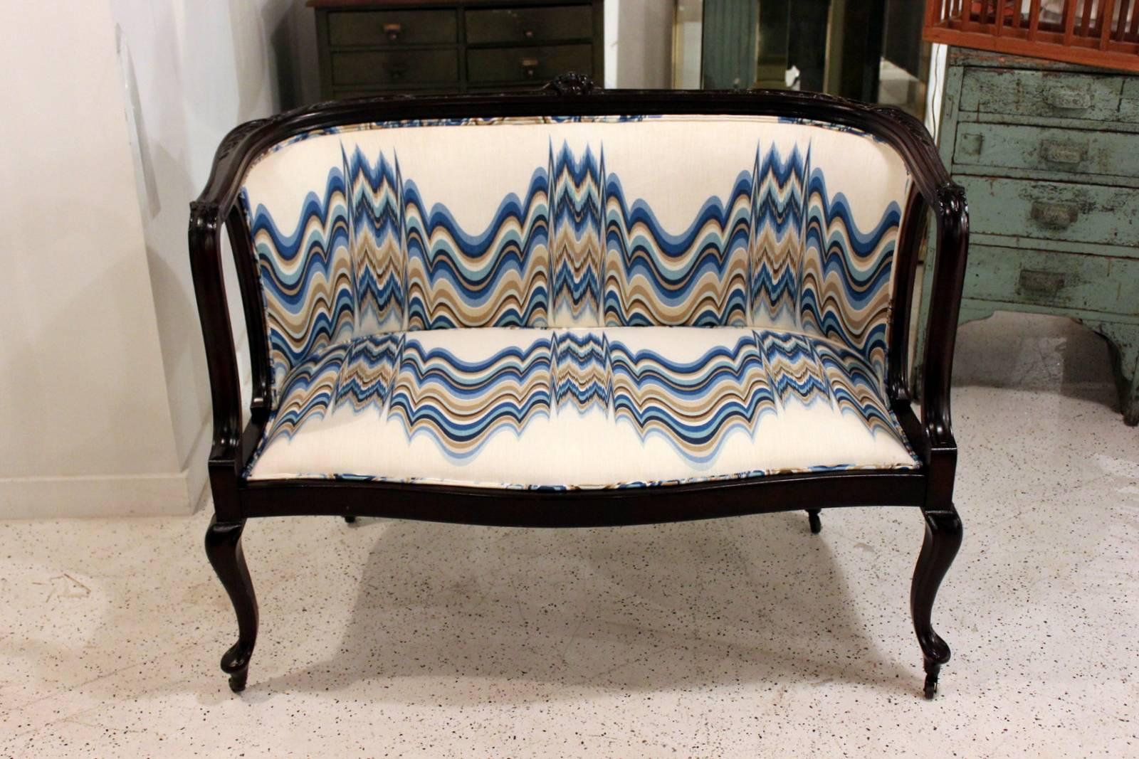 Victorian Antique Carved Mahogany Trio Settee Chair Rocker in Adler Linen Fabric
