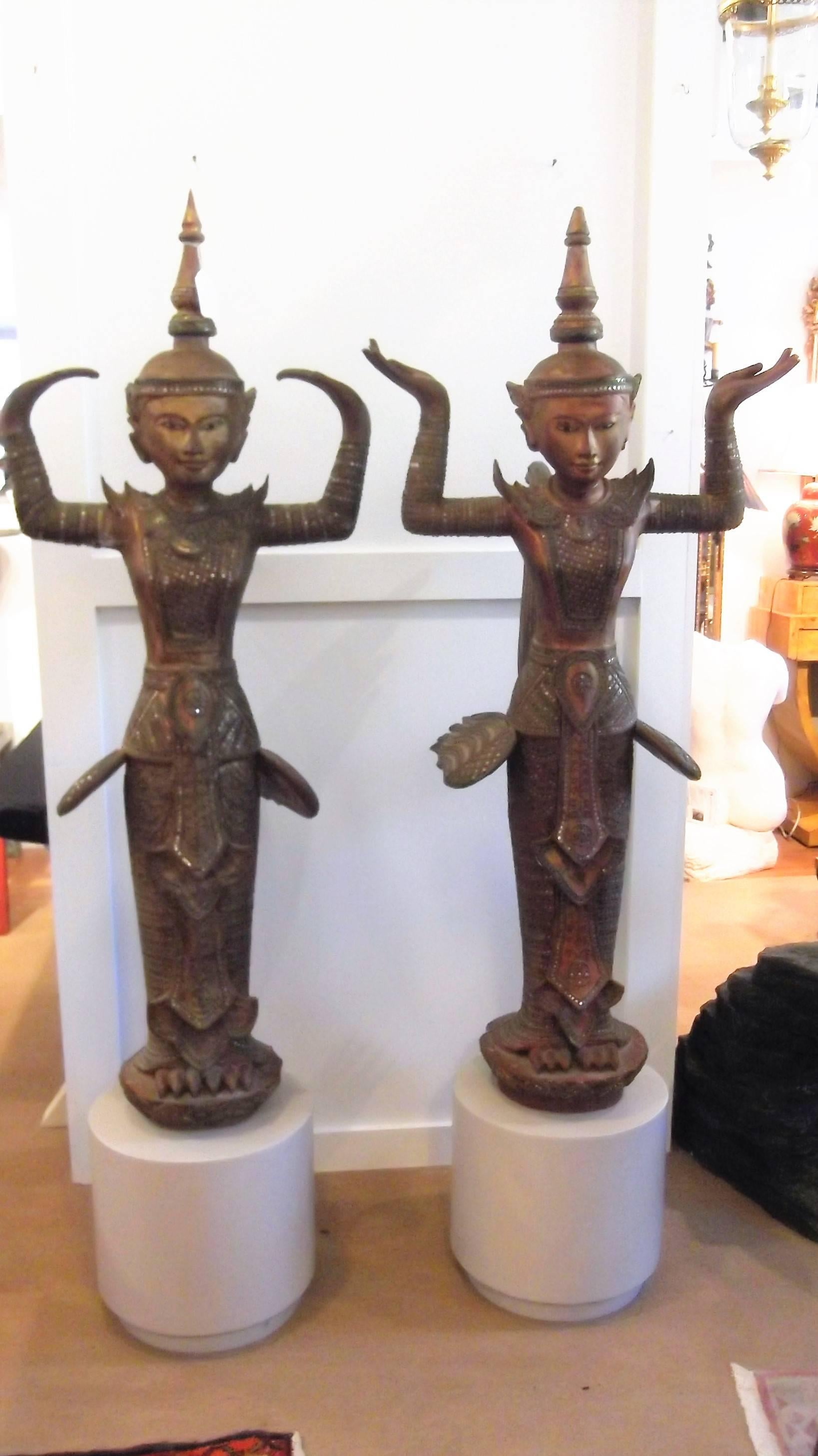 Pair of Antique Thai Wood and Gilt Goddess Statues 4