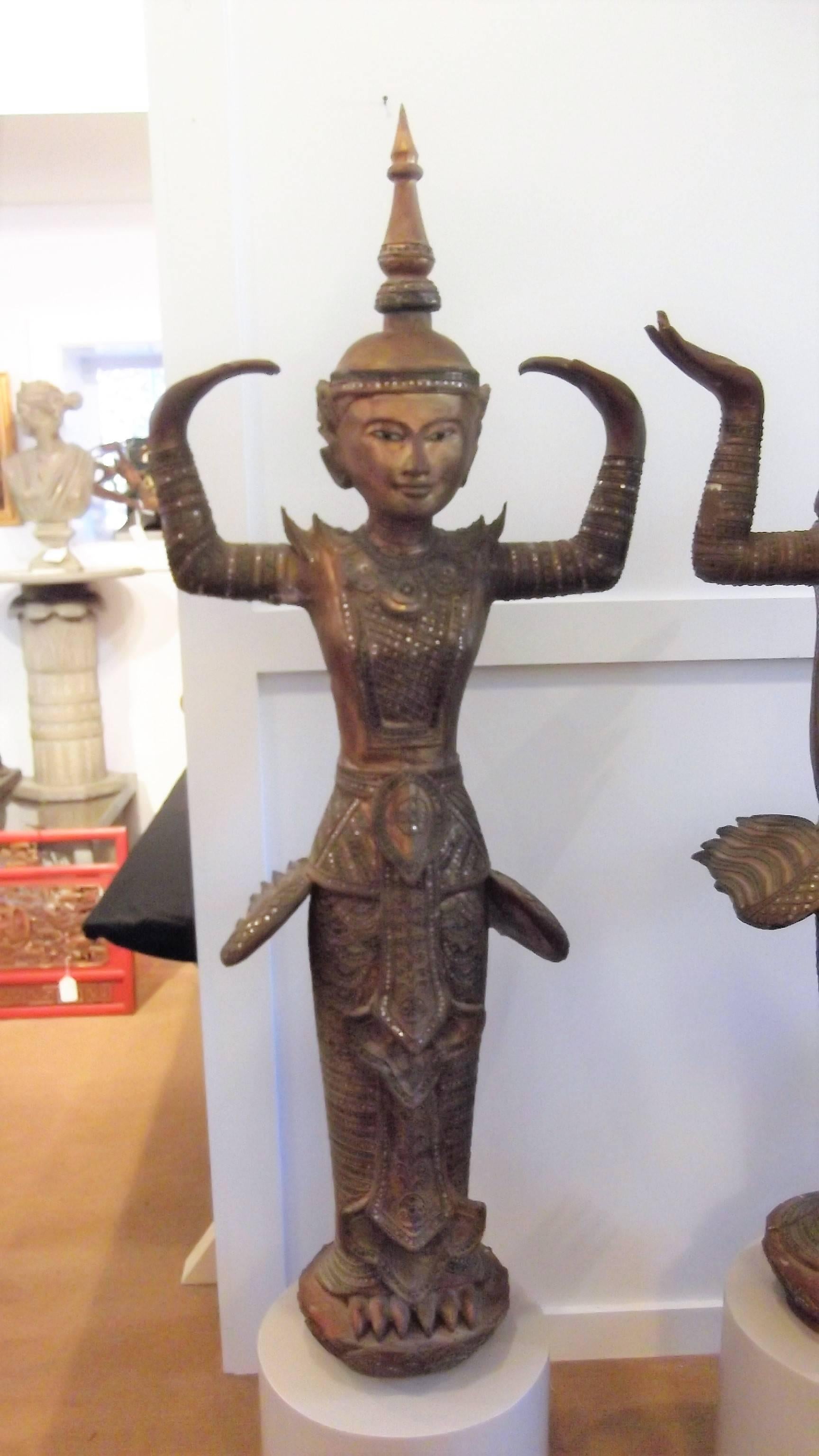 Tibetan Pair of Antique Thai Wood and Gilt Goddess Statues