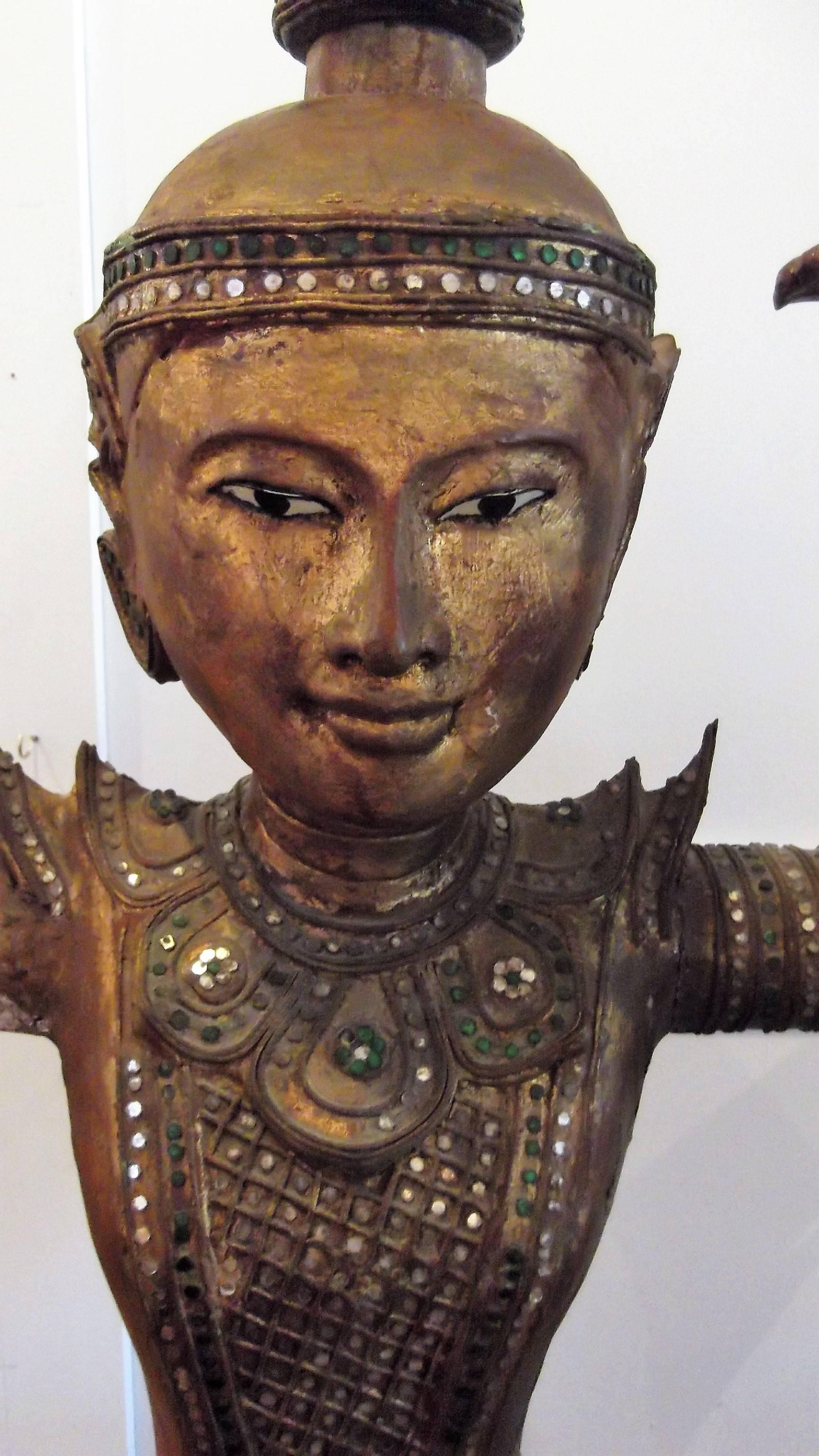 Pair of Antique Thai Wood and Gilt Goddess Statues In Good Condition In Lambertville, NJ