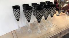 Set of 12 Black Amethyst Cut-Glass Champagne Flutes