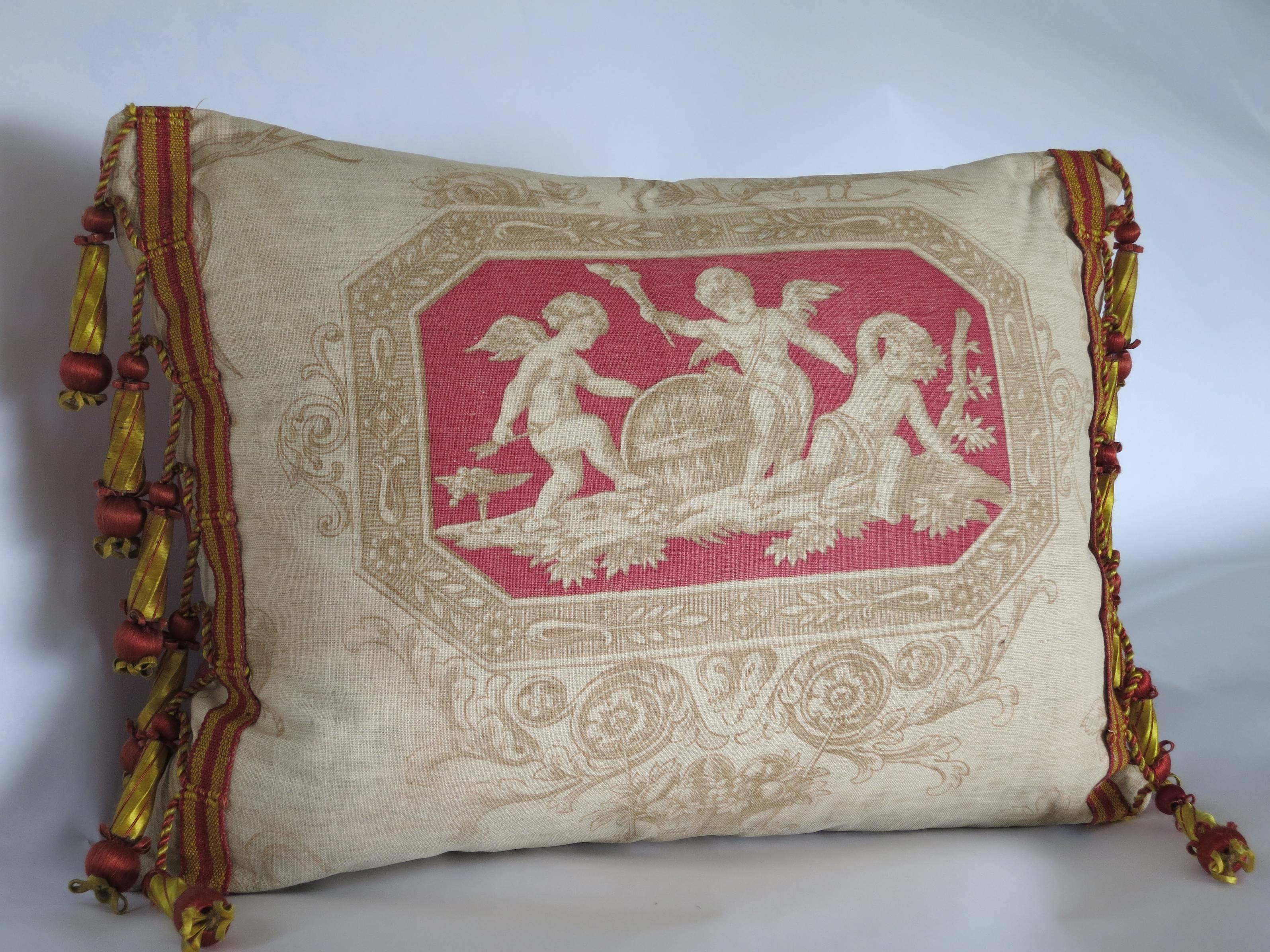Hand-Crafted 19th Century French Toile and Silk Textile Pillow with Tassels				 			