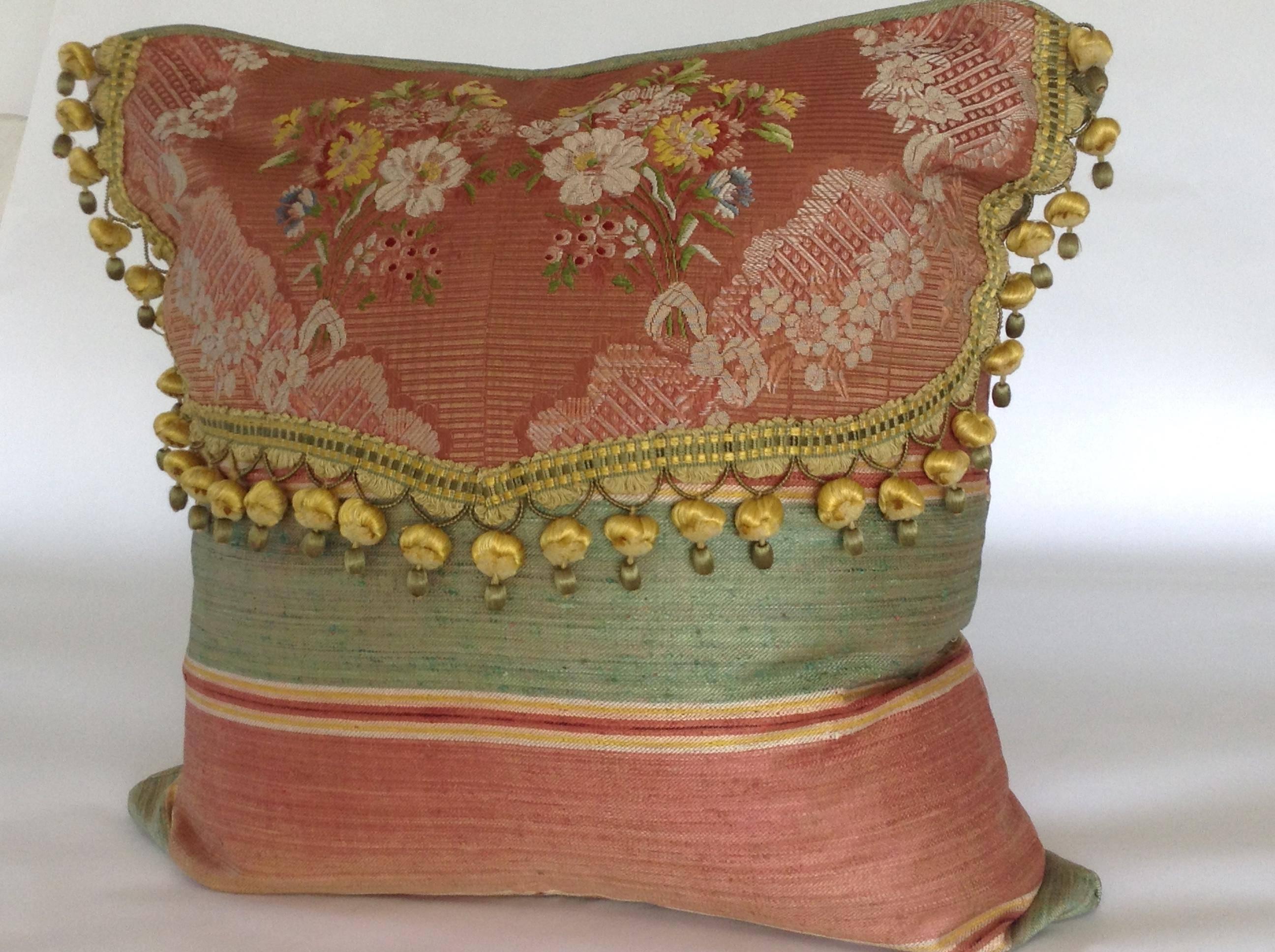 Hand-Crafted 18th Century French Silk Textile Pillow with Tassels