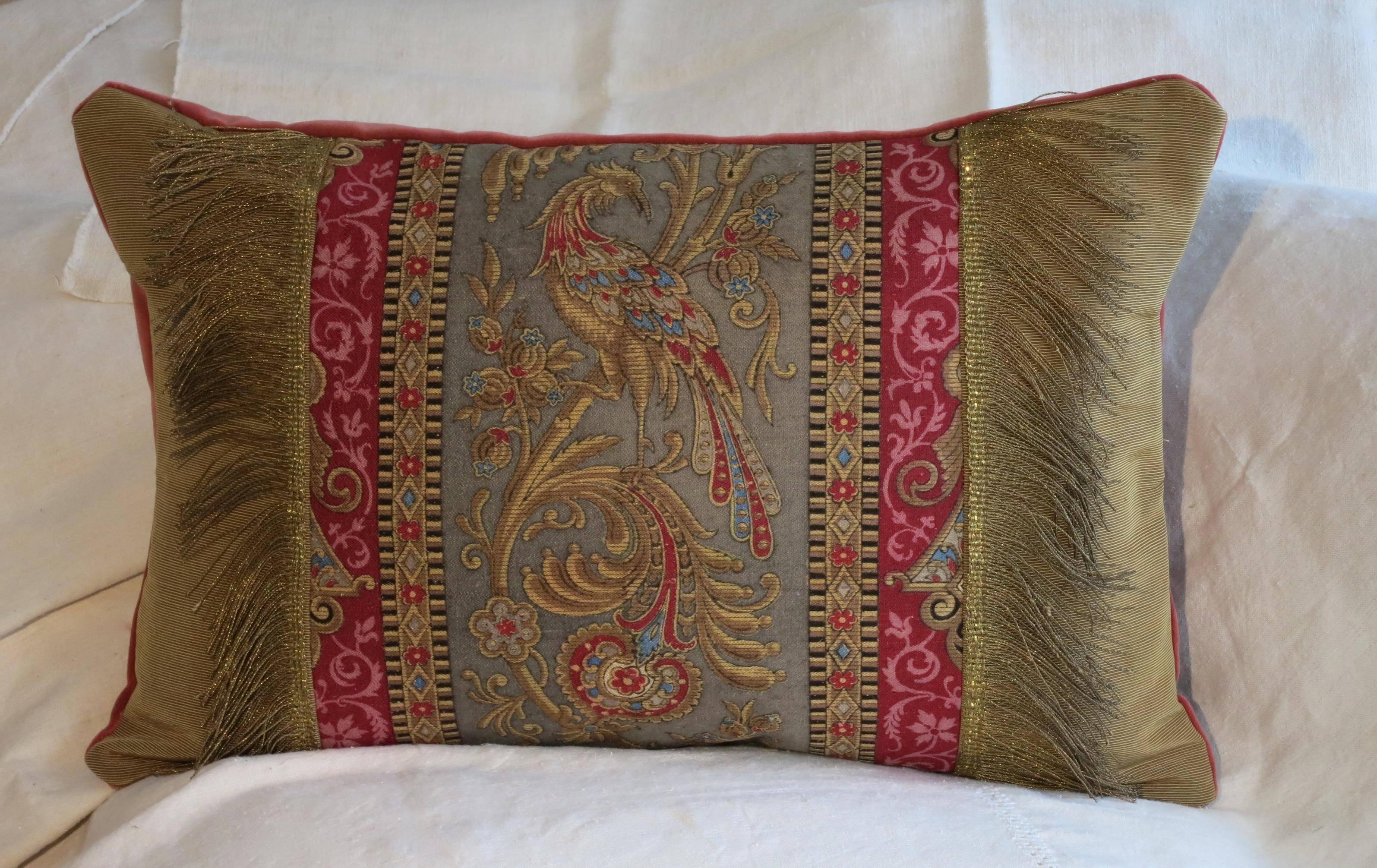 Cotton 19th Century French Silk Textile Pillow with Metallic Fringe