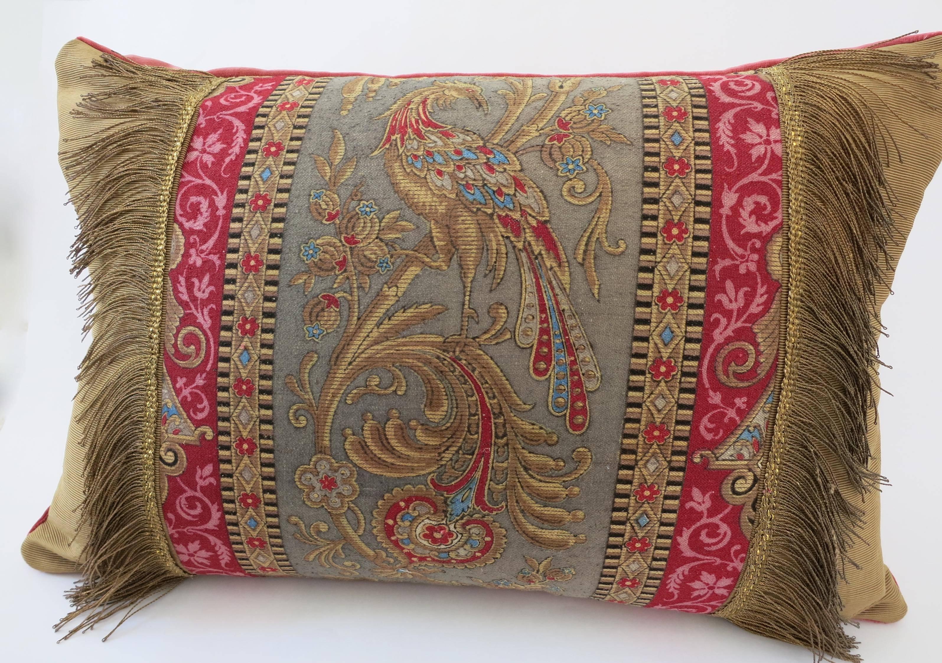19th Century French Silk Textile Pillow with Metallic Fringe 1