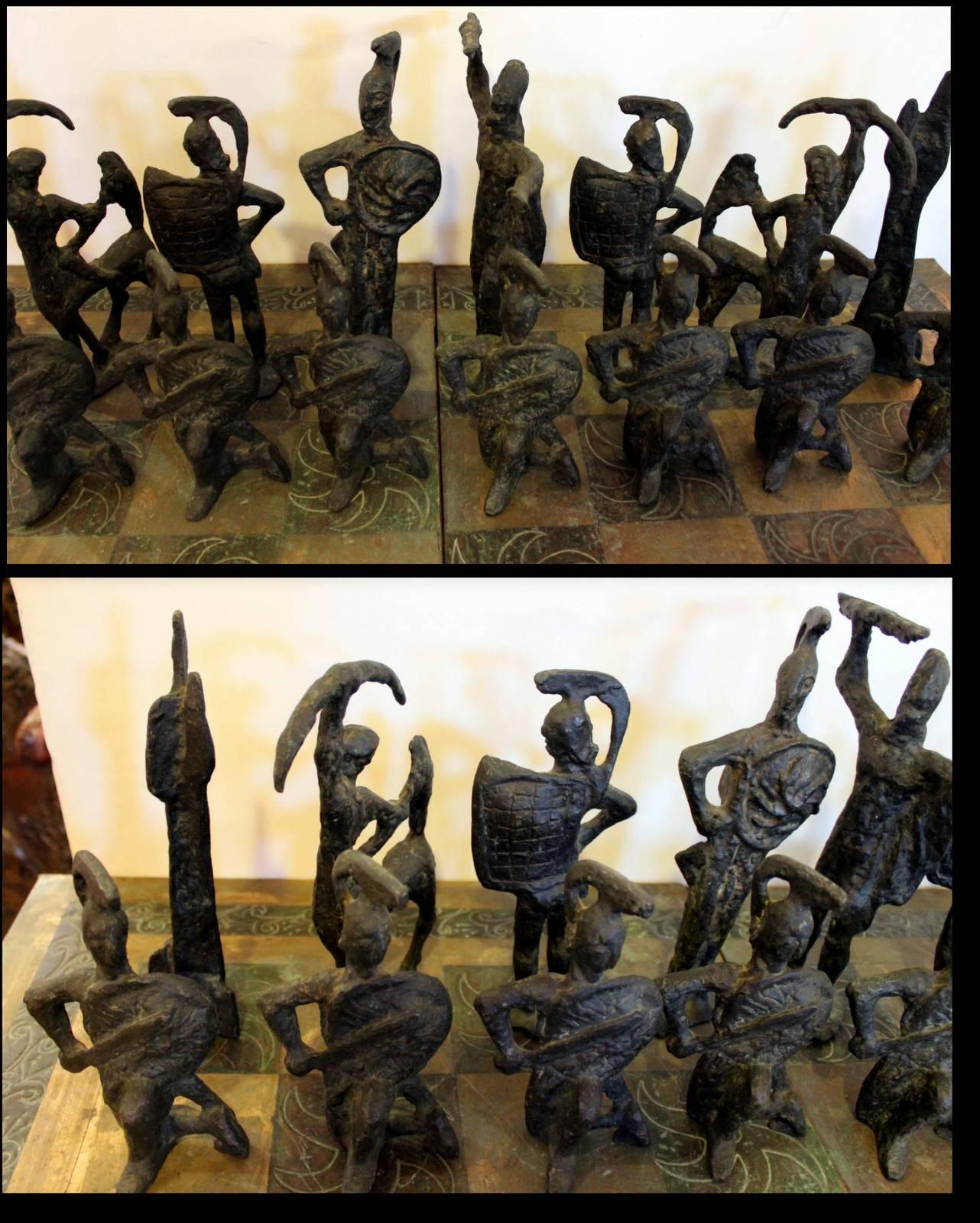 Unknown 1960s Giacometti Inspired Brutalist Bronze Chess Set