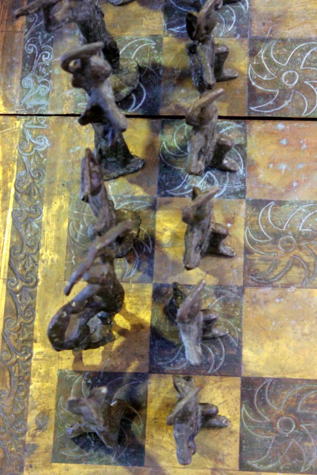 Cast 1960s Giacometti Inspired Brutalist Bronze Chess Set