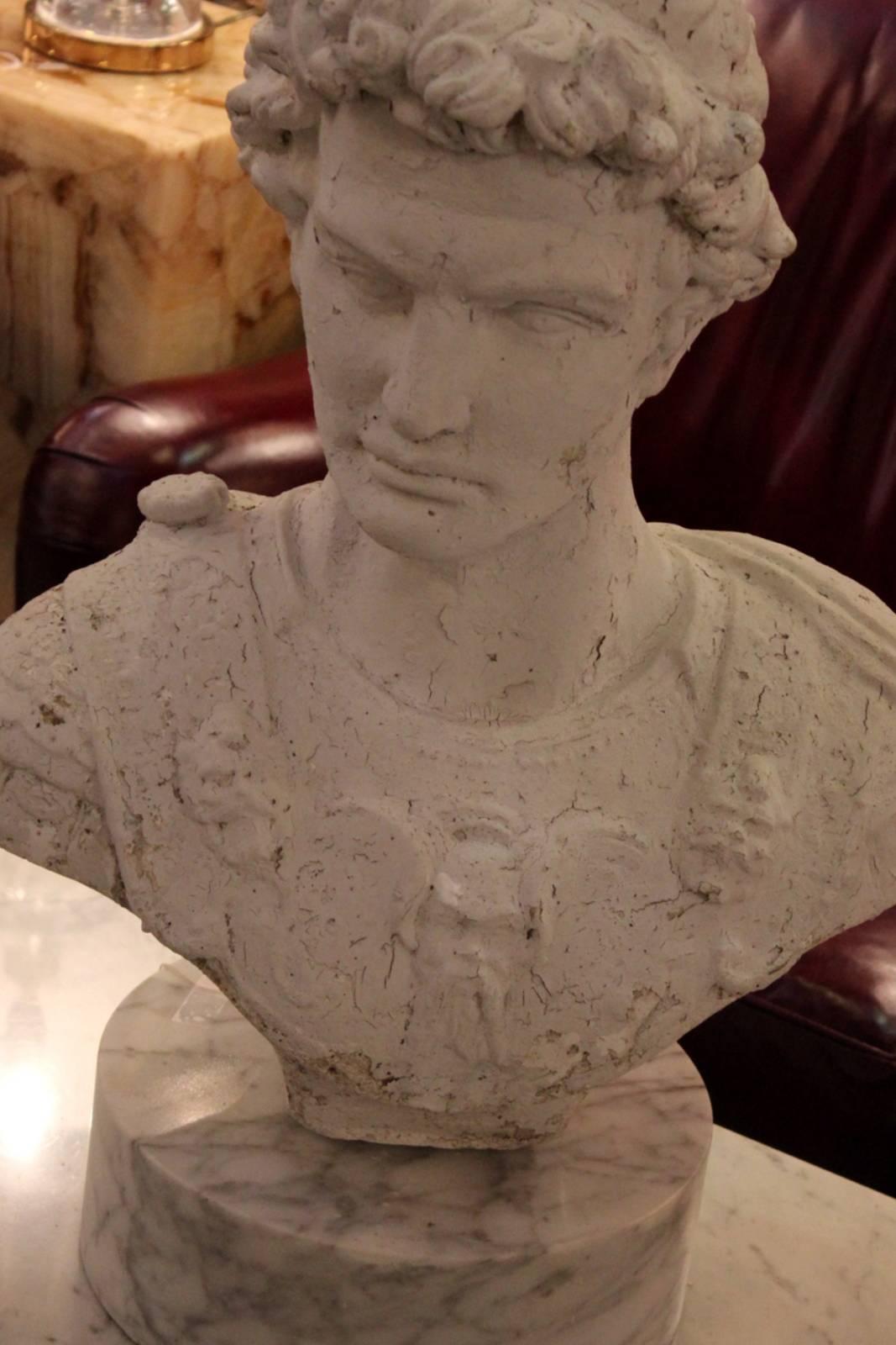 Painted Cement Bust of Alexander the Great on Marble Base In Good Condition In Lambertville, NJ