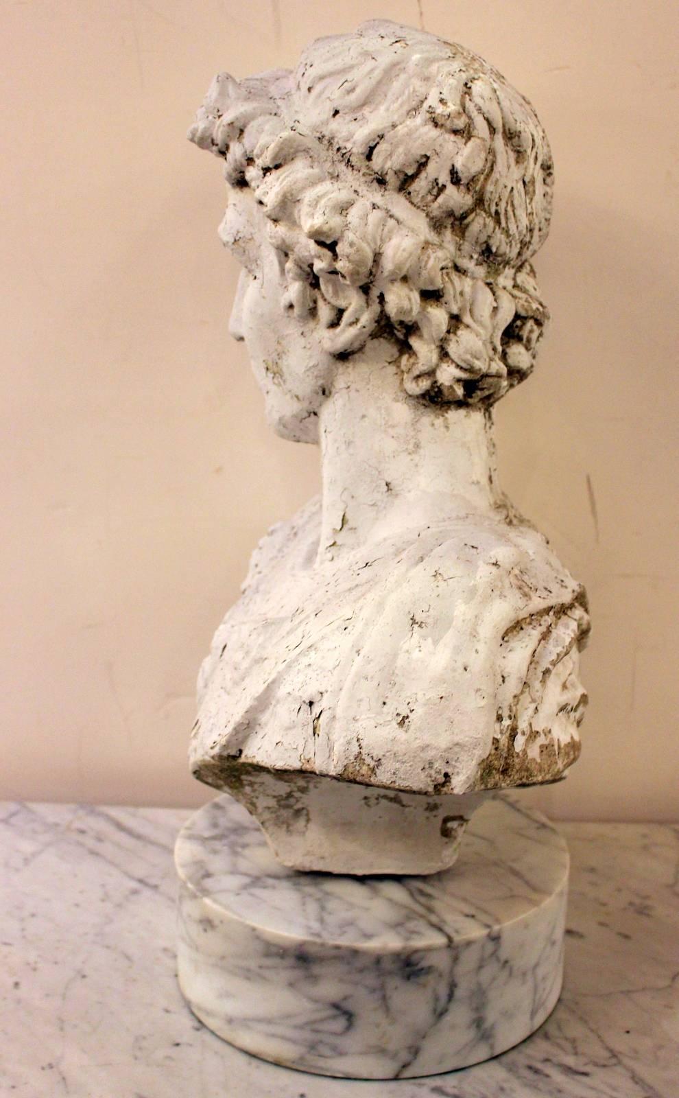 Neoclassical Painted Cement Bust of Alexander the Great on Marble Base